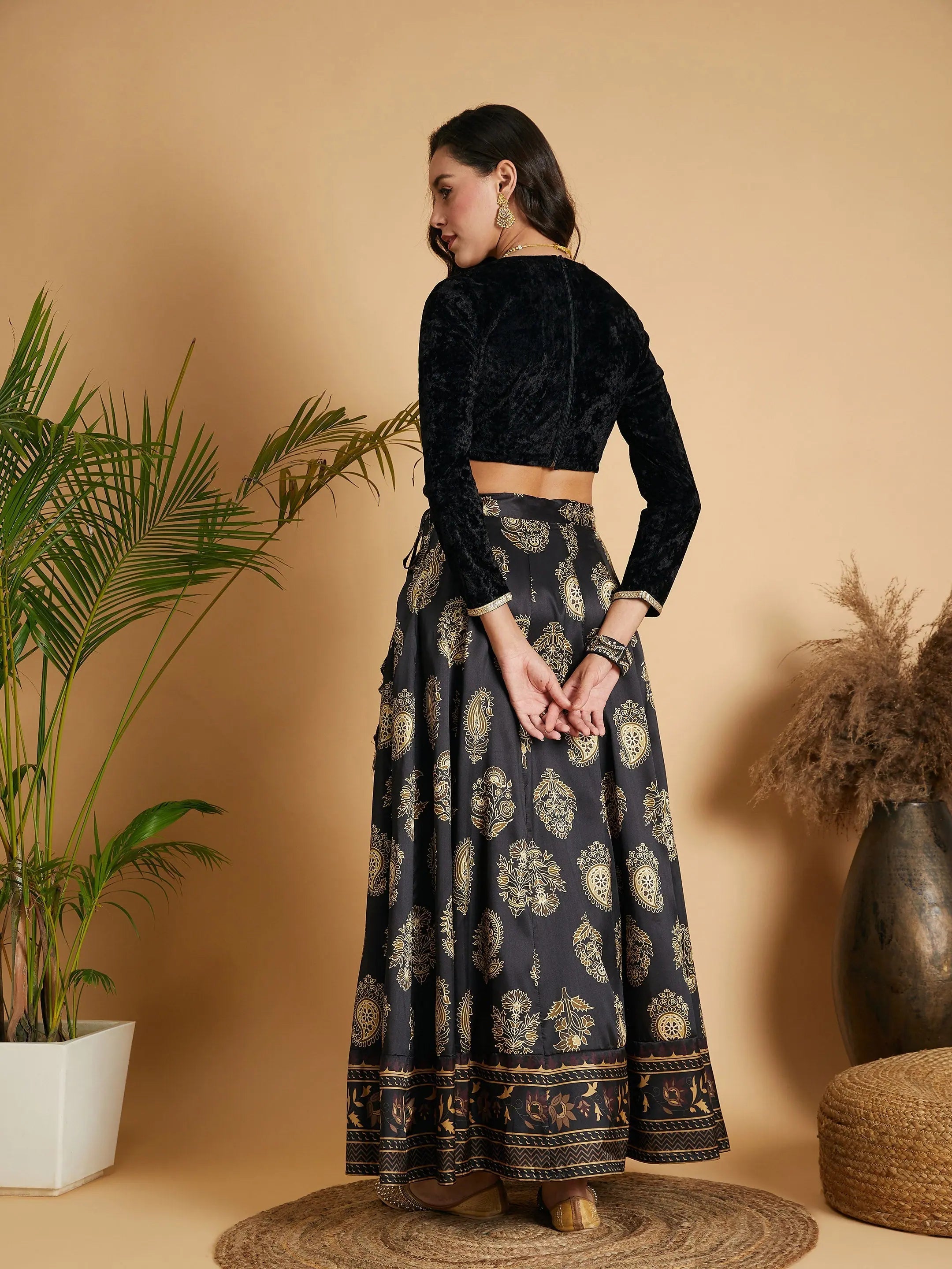 Black Floral Skirt & Velvet Top | Designer Lehenga Choli for W...