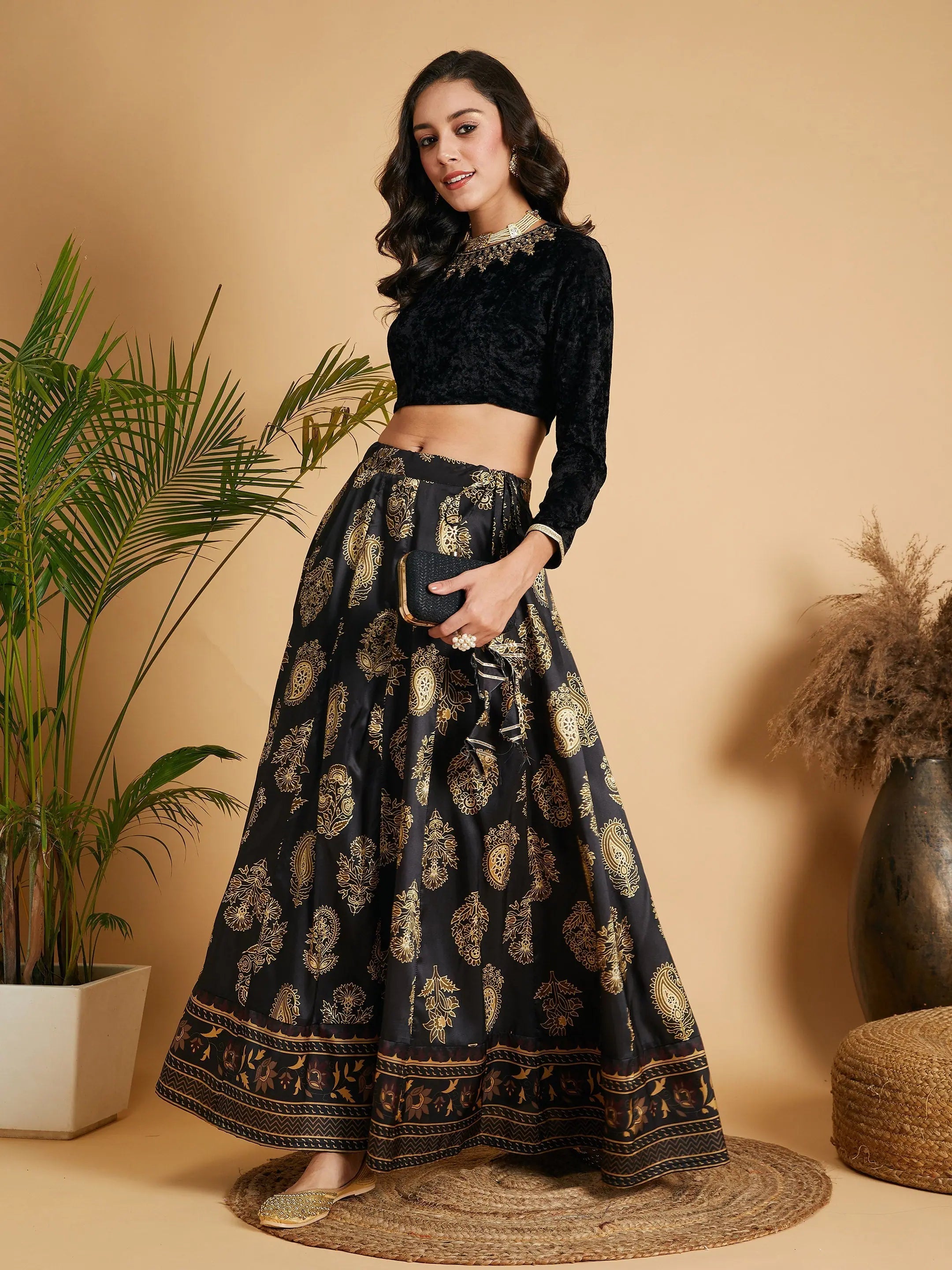 Black Floral Skirt & Velvet Top | Designer Lehenga Choli for W...