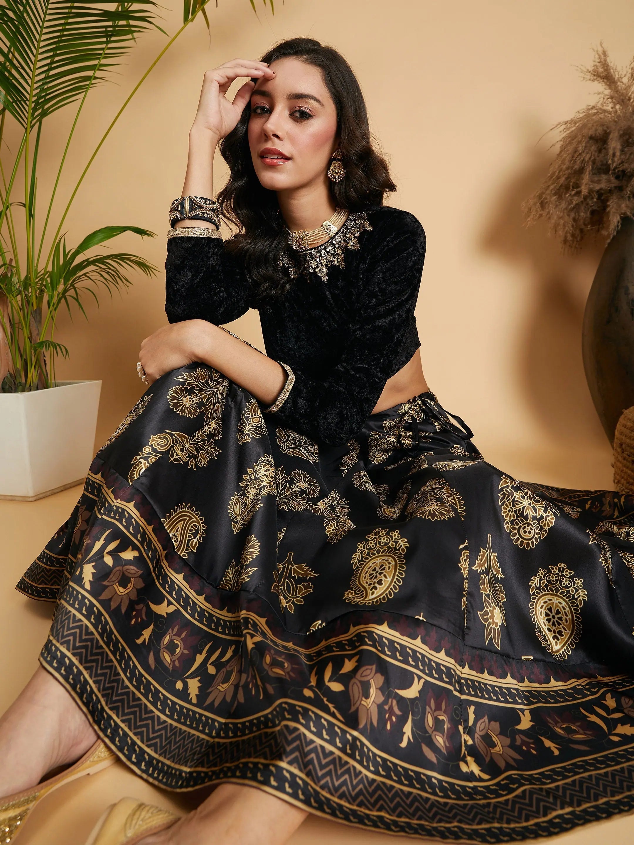 Black Floral Skirt & Velvet Top | Designer Lehenga Choli for W...