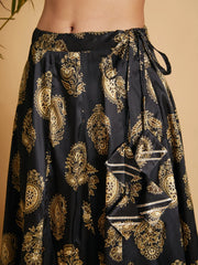 Women Black Floral Skirt With Black Velvet Full Sleeves Crop Top