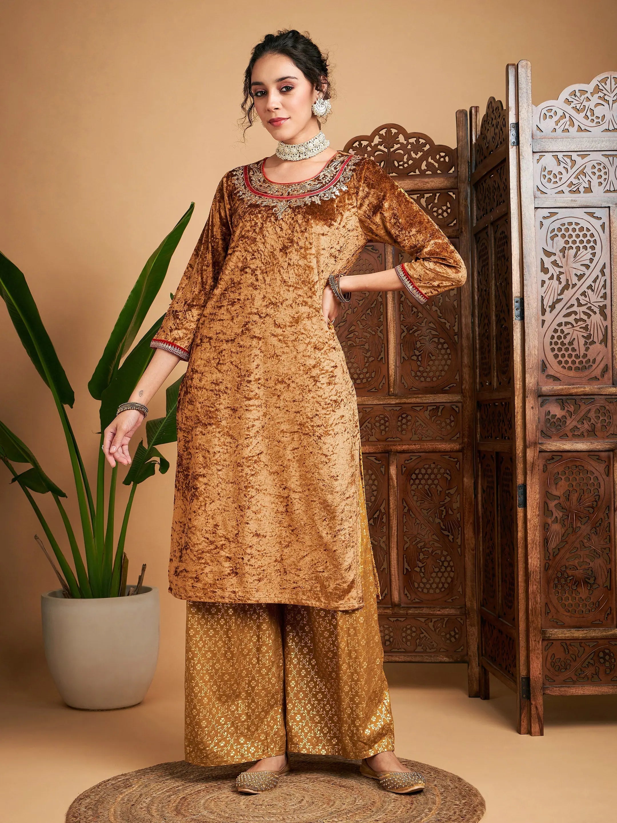 Mustard Velvet Kurta and Foil Palazzo Set for Women