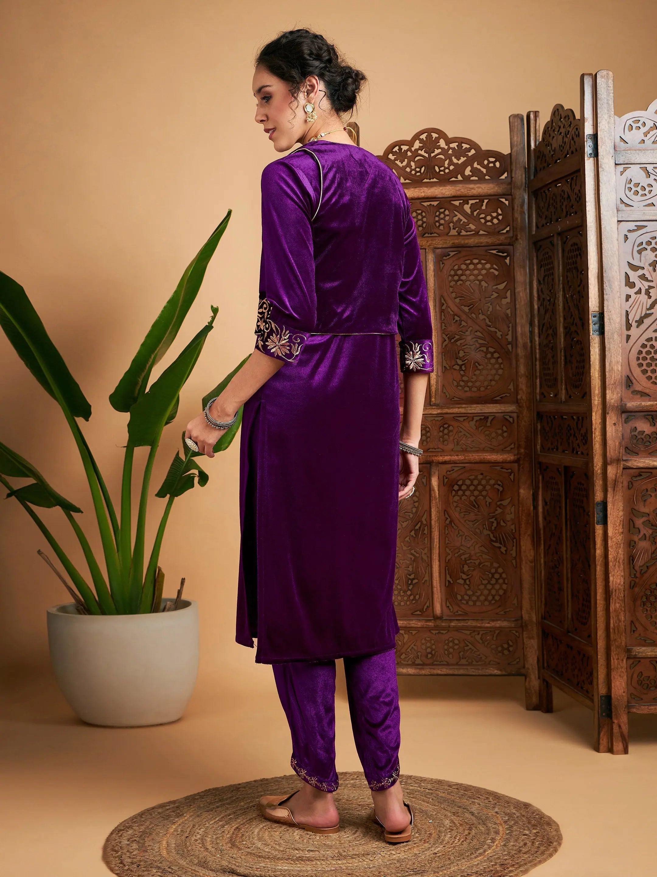 Purple Velvet Straight Kurta Set With Waistcoat | Kurta Set