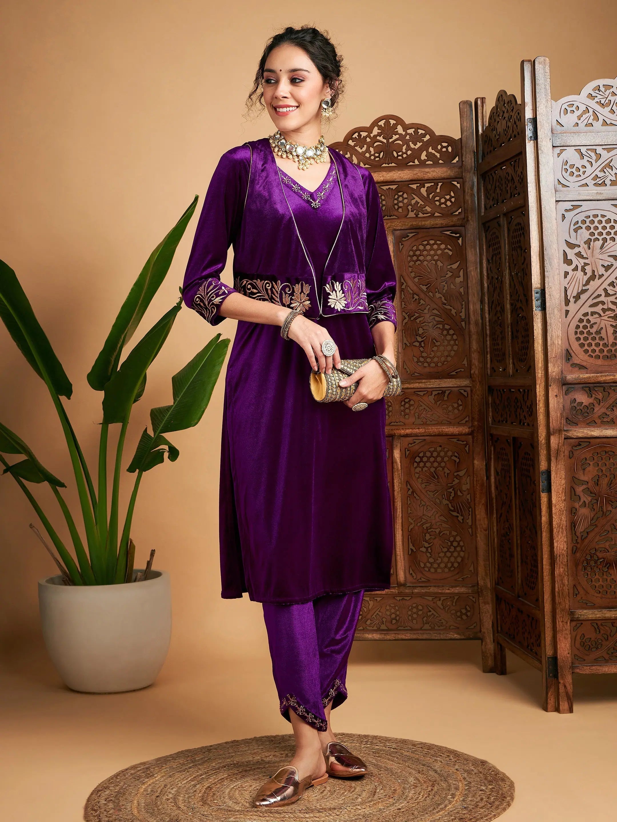 Purple Velvet Straight Kurta Set With Waistcoat | Kurta Set