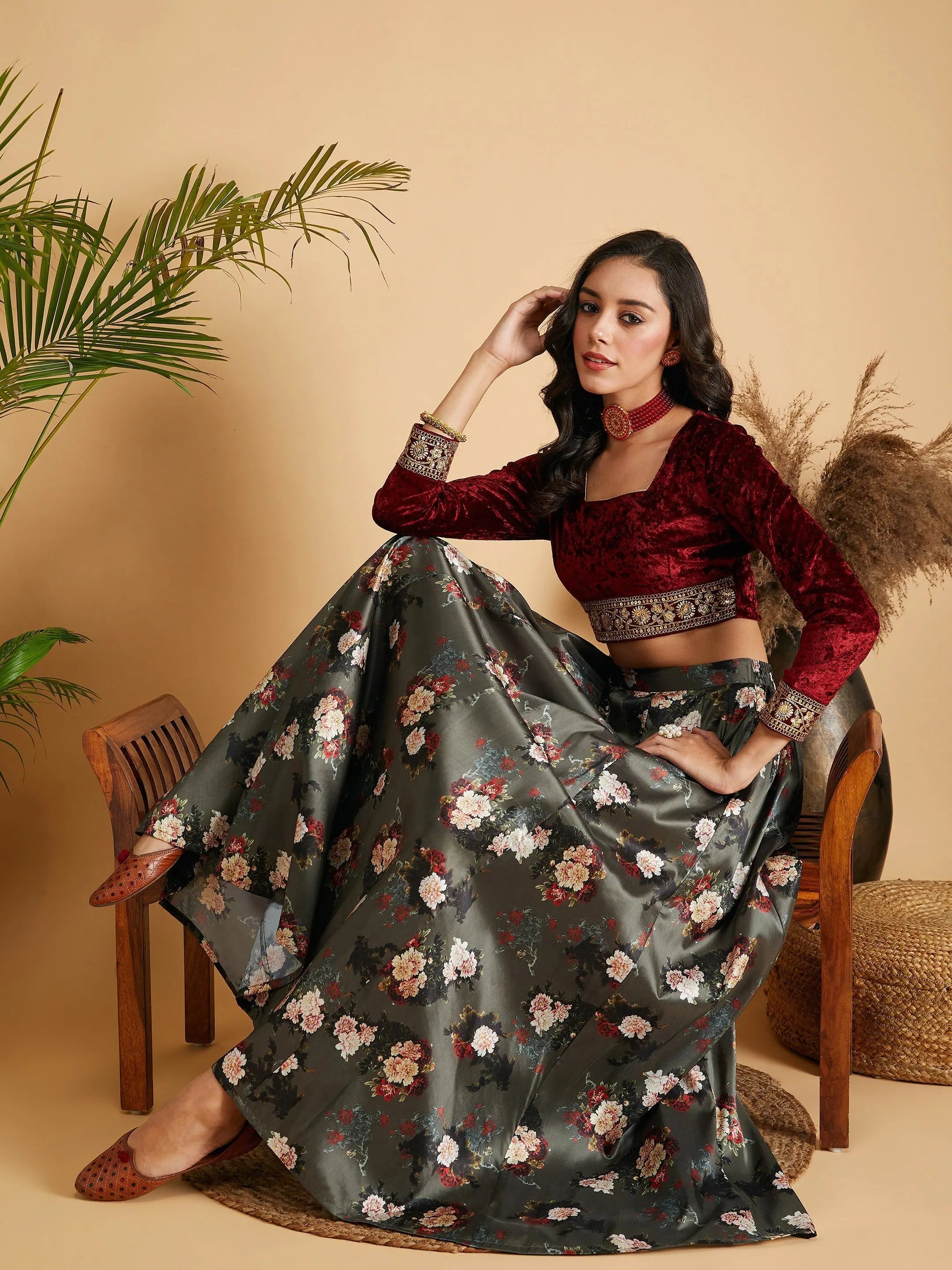 Olive Floral Skirt with Velvet Top | Women's Festive Lehenga C...