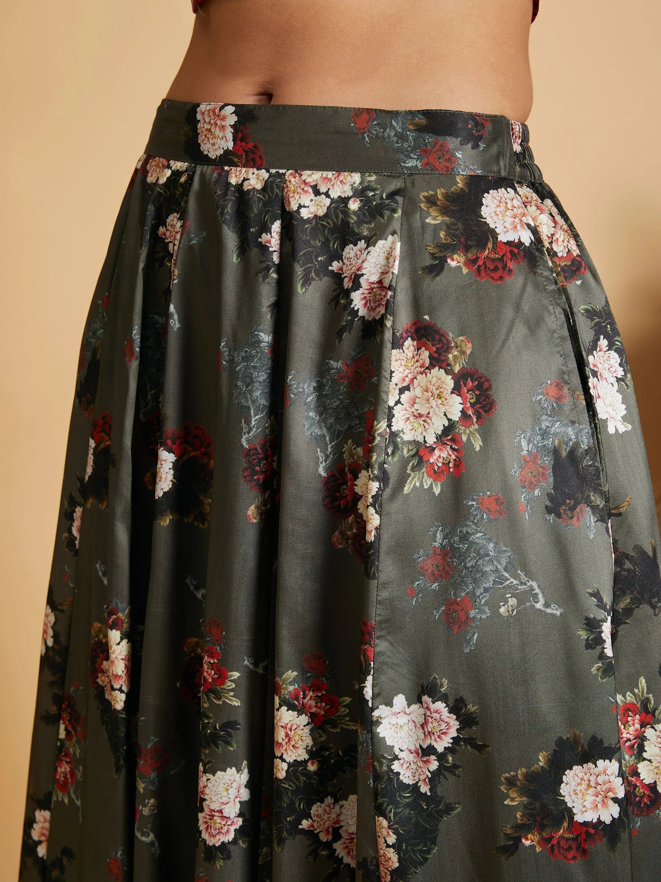 Olive Floral Skirt with Velvet Top | Women's Festive Lehenga C...