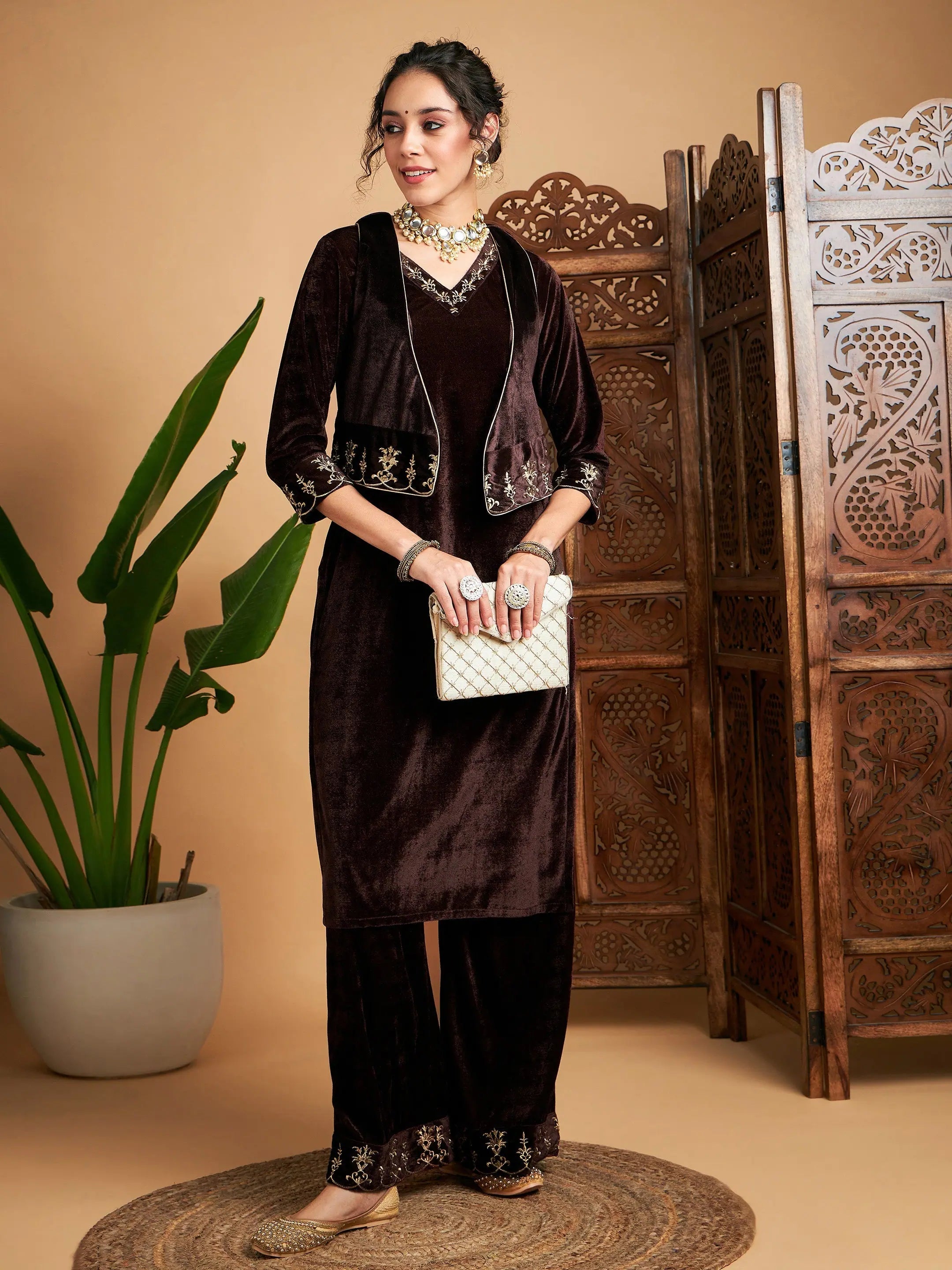 Brown Velvet Straight Kurta Set | Women's Kurta Sets With Wais...