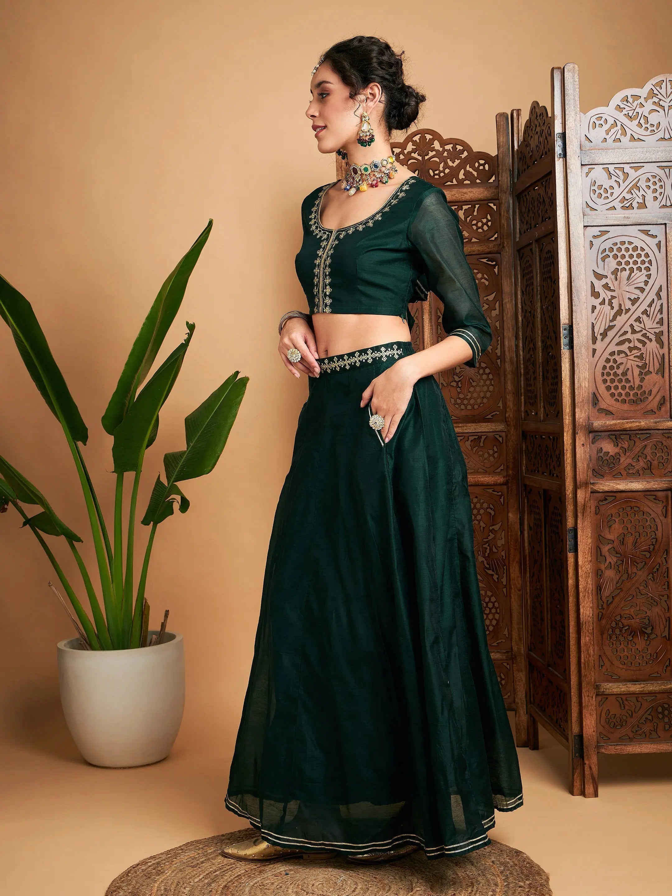 Emerald Embroidered Anarkali Skirt & Crop Top | Designer Lehenga