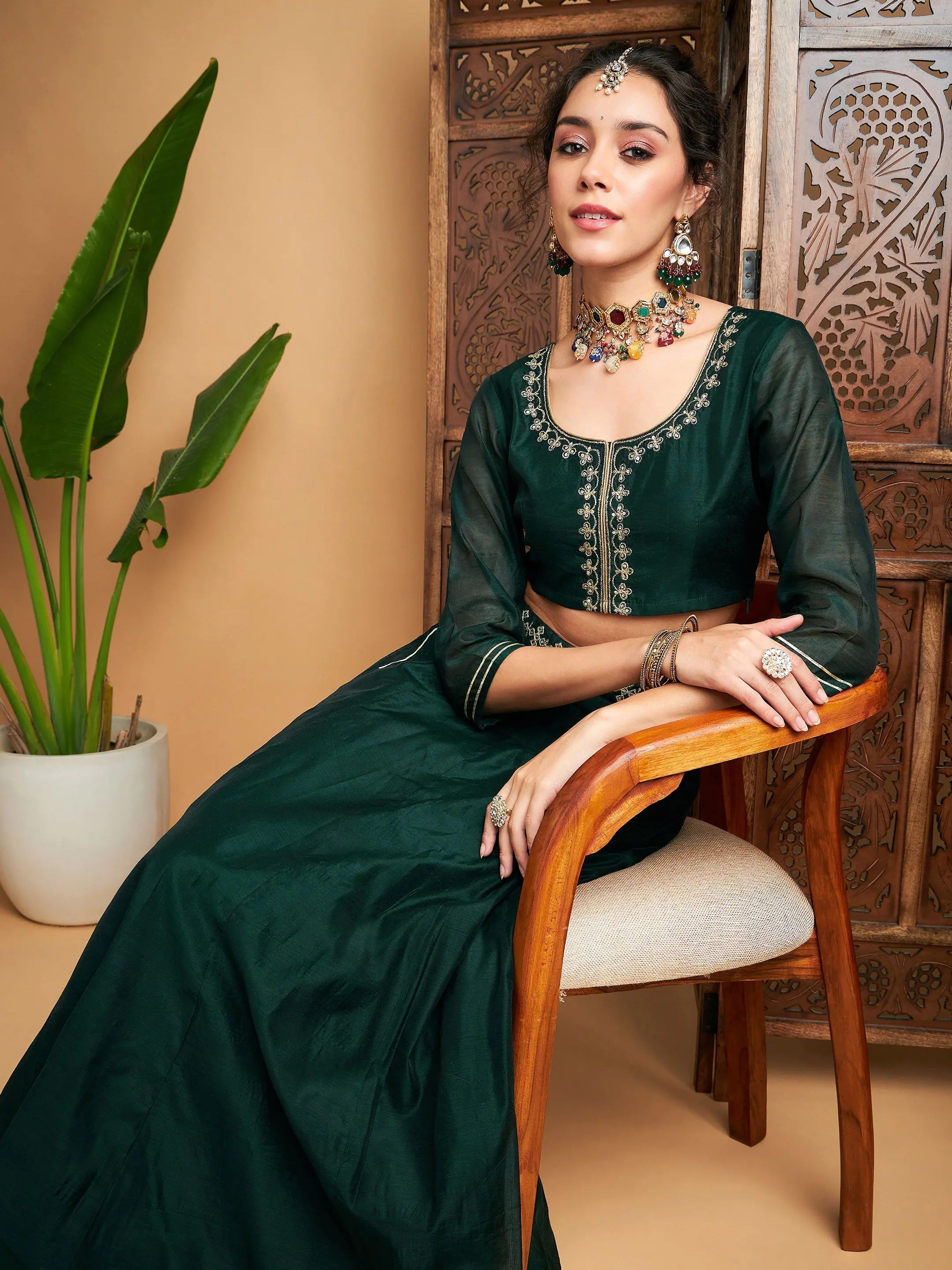 Emerald Embroidered Anarkali Skirt & Crop Top | Designer Lehenga