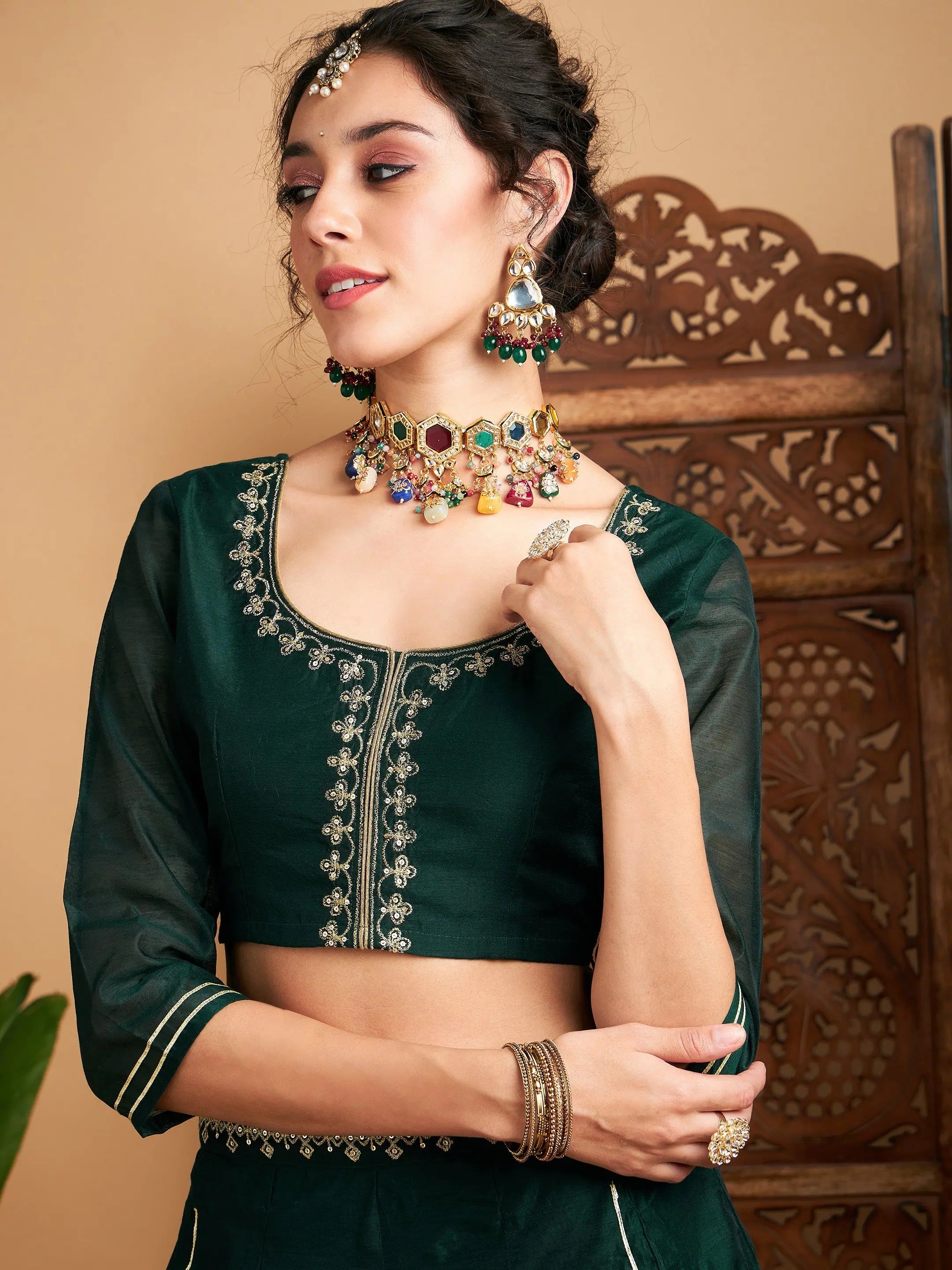 Emerald Embroidered Anarkali Skirt & Crop Top | Designer Lehenga