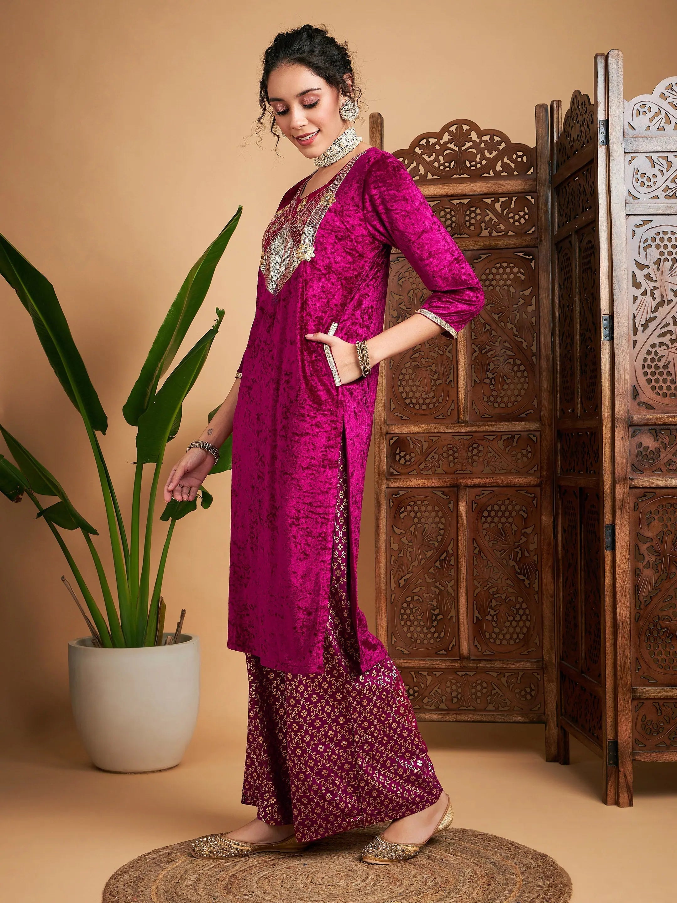 Fuchsia Velvet Kurta Palazzo Set - Sequin & Foil Palazzo Pants
