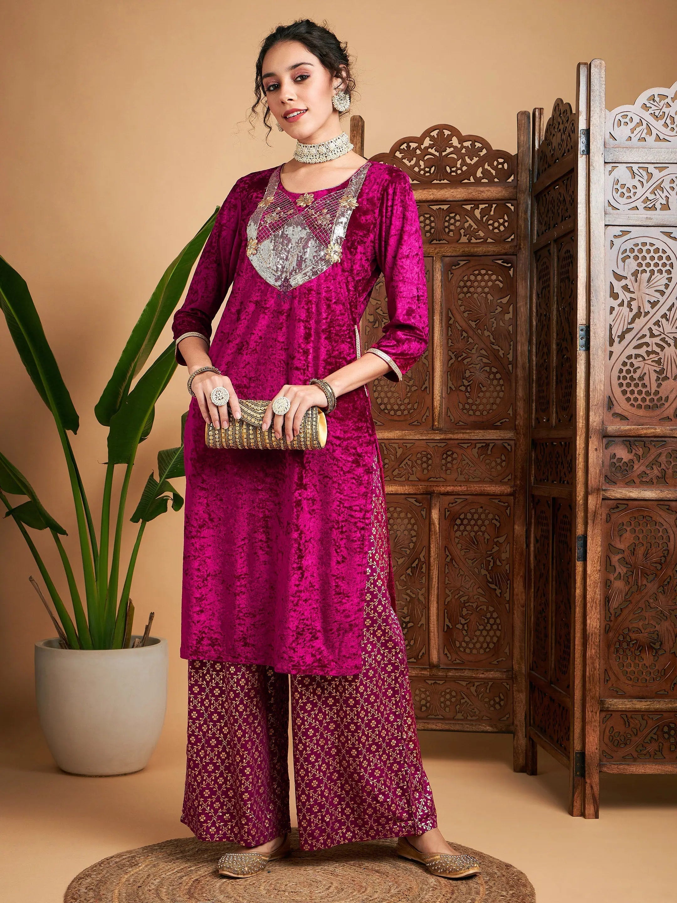 Fuchsia Velvet Kurta Palazzo Set - Sequin & Foil Palazzo Pants