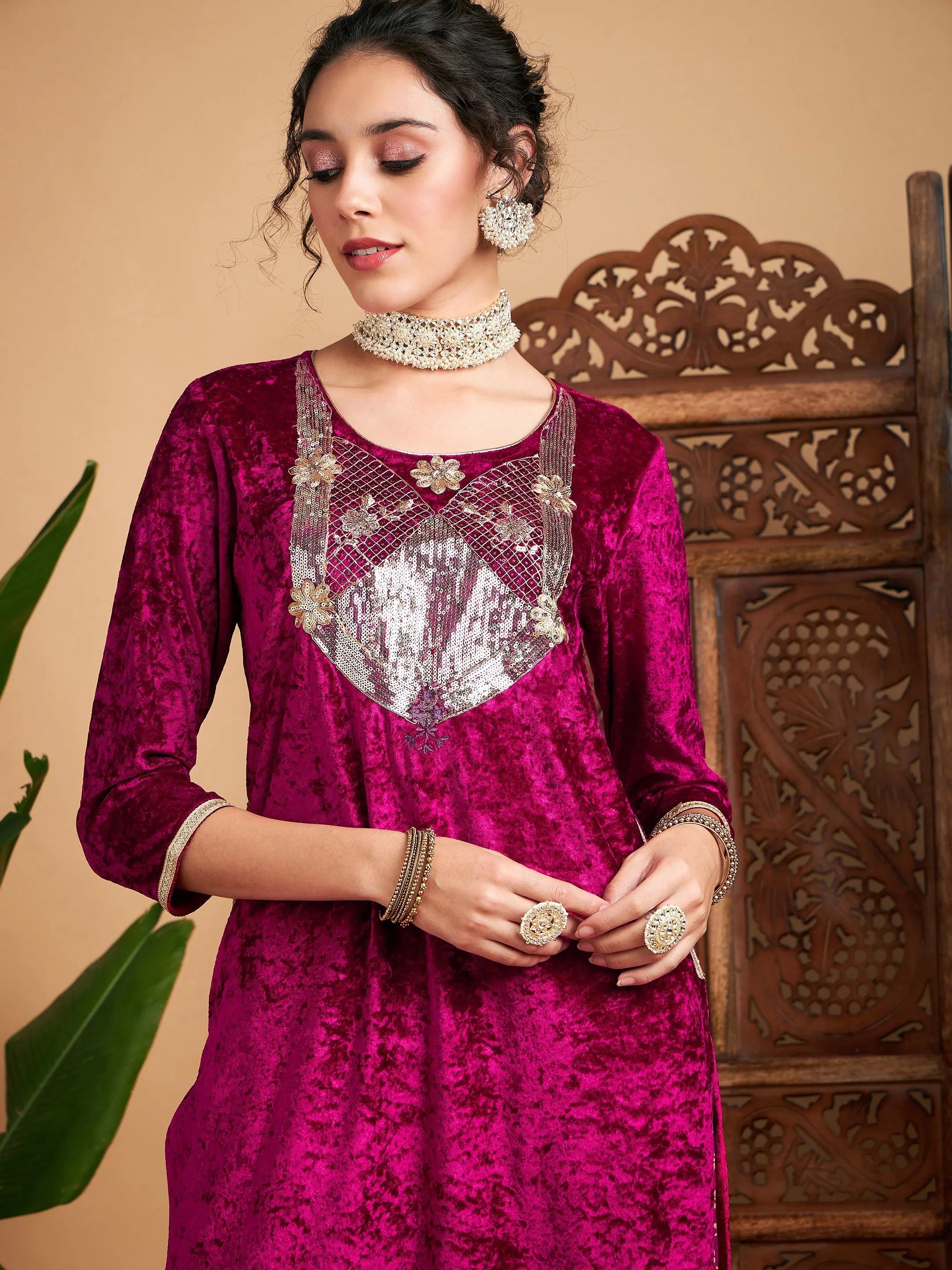 Fuchsia Velvet Kurta Palazzo Set - Sequin & Foil Palazzo Pants