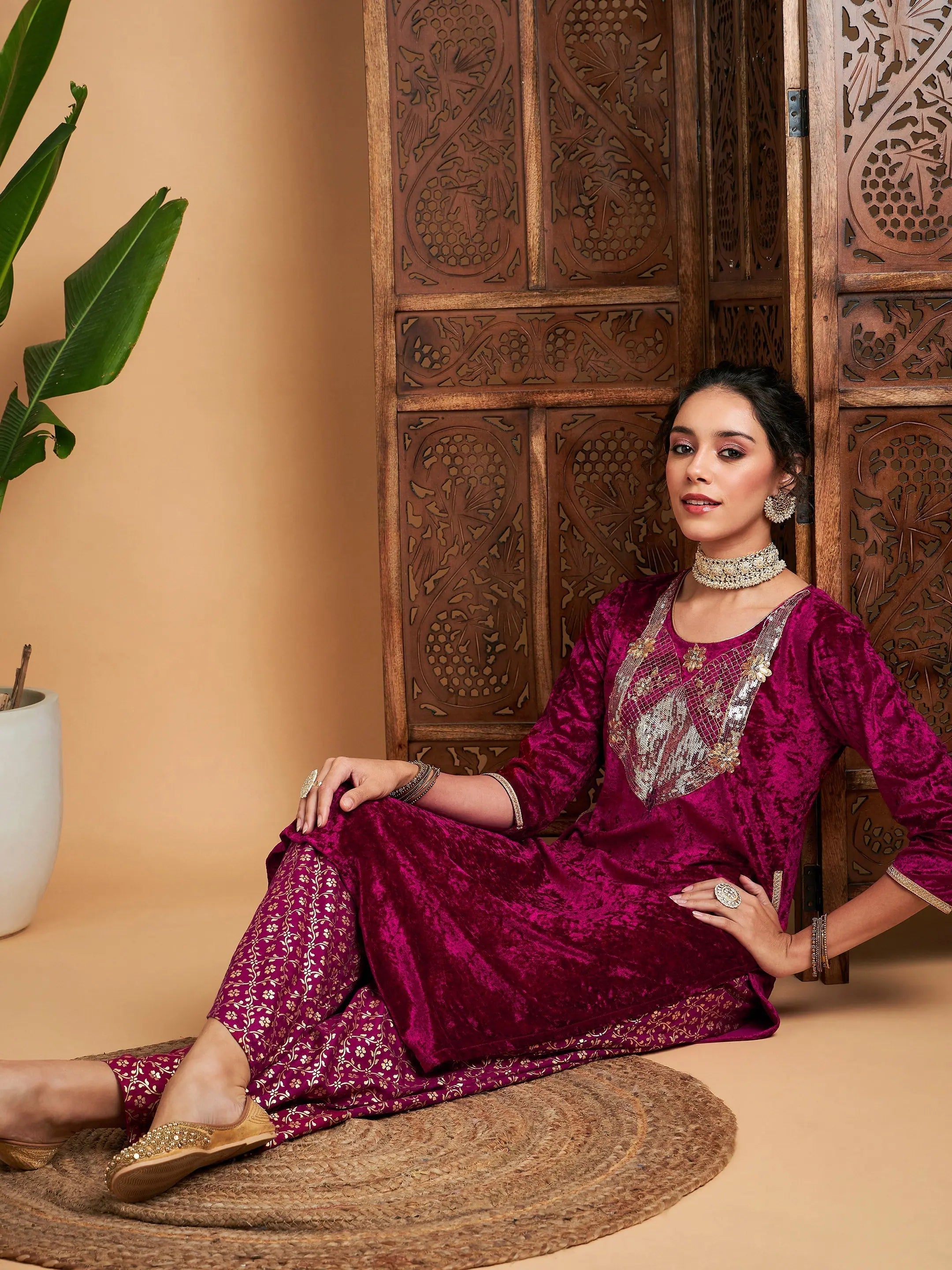 Fuchsia Velvet Kurta Palazzo Set - Sequin & Foil Palazzo Pants