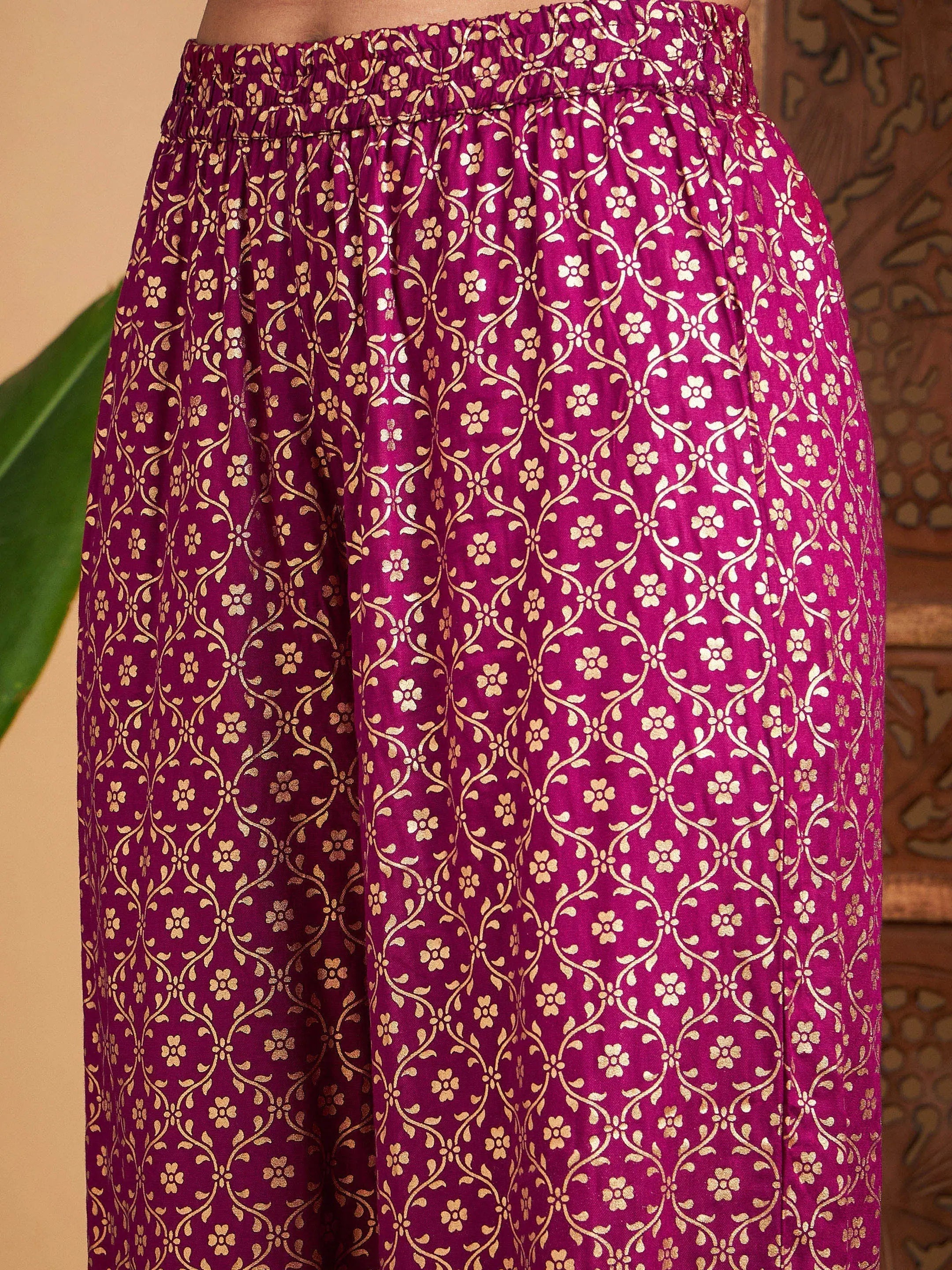 Fuchsia Velvet Kurta Palazzo Set - Sequin & Foil Palazzo Pants