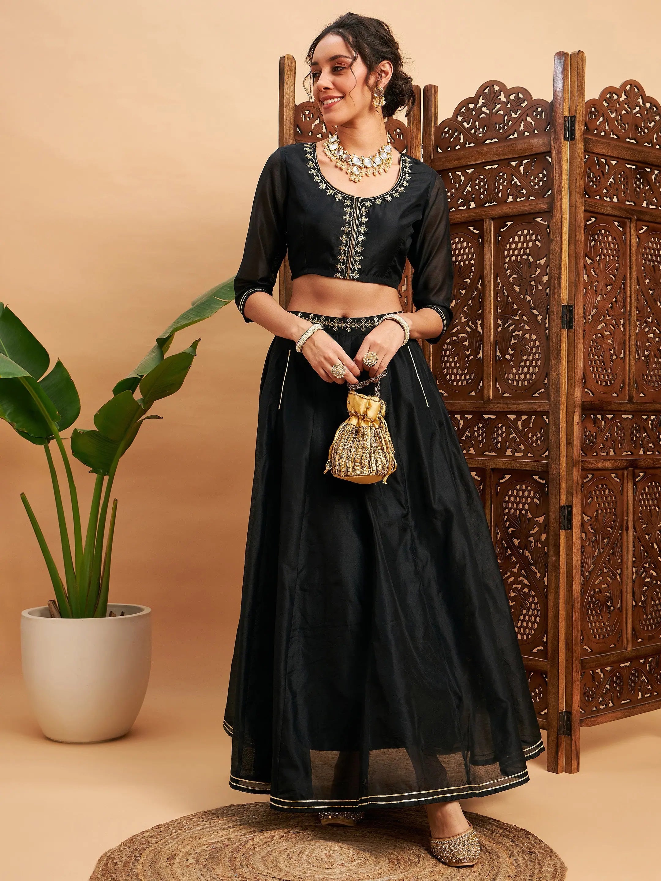 Black Embroidered Lehenga Choli - Designer Anarkali Skirt Top