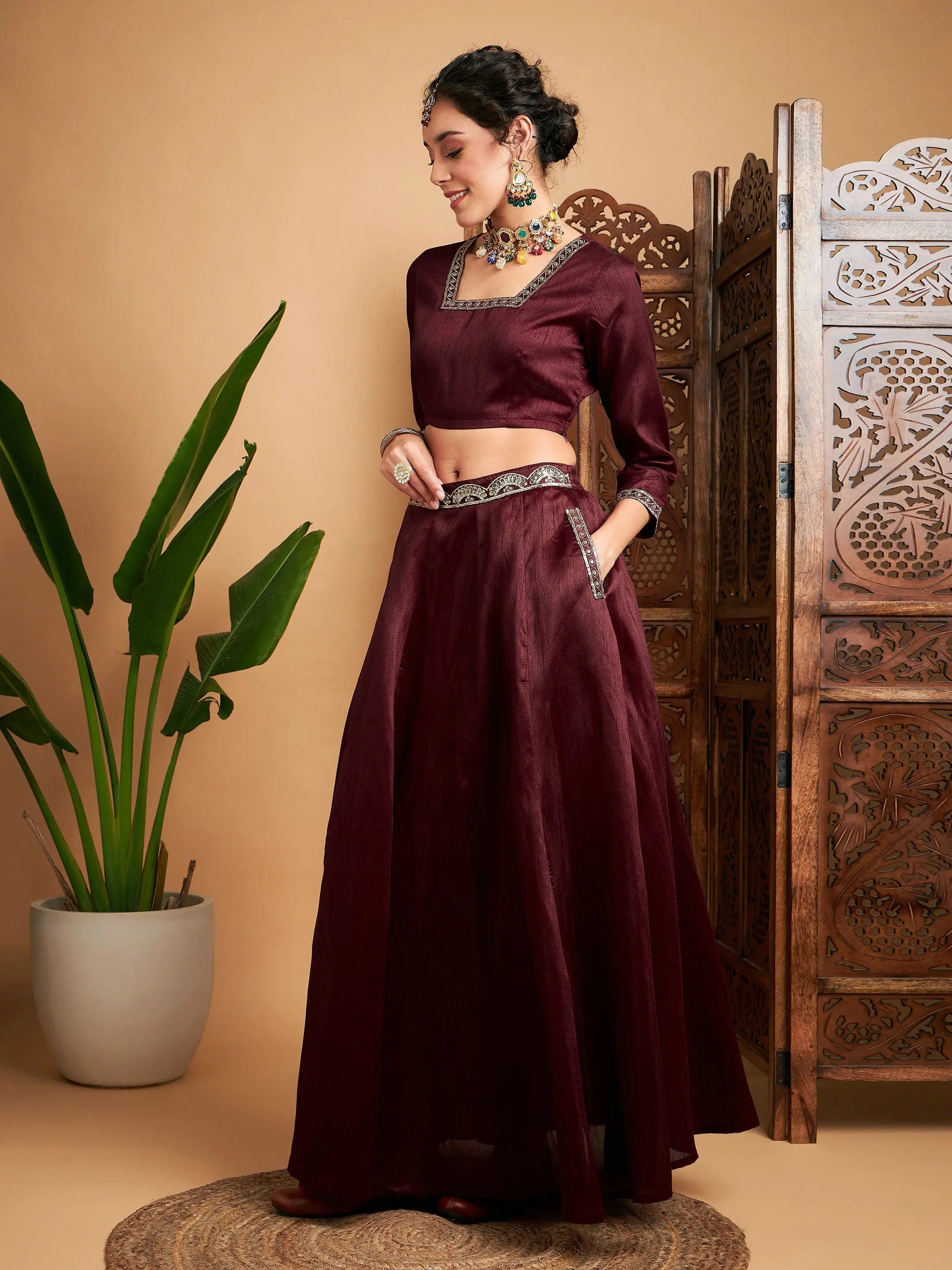Maroon Embroidered Lehenga - Women's Anarkali Skirt & Crop Top