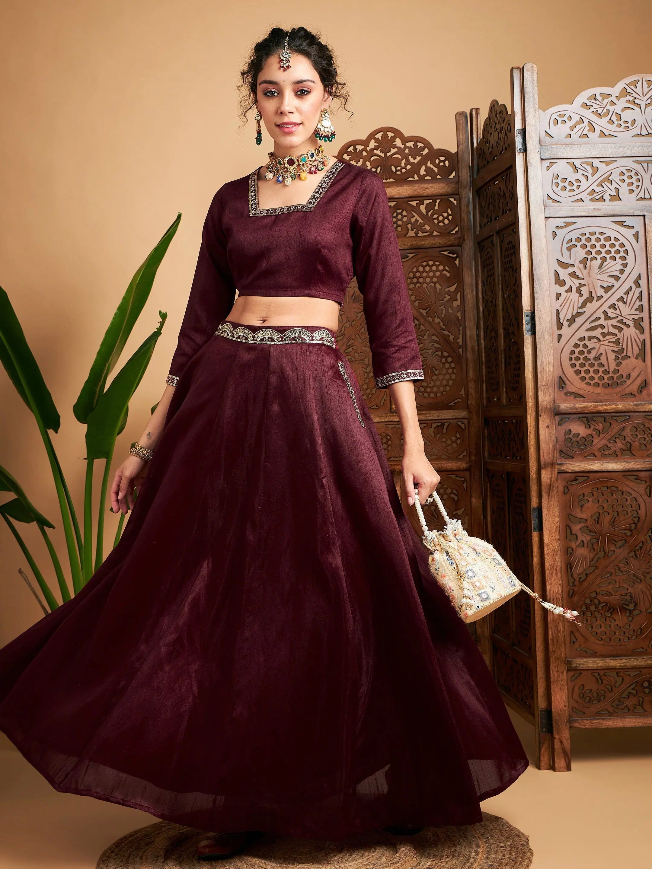 Maroon Embroidered Lehenga - Women's Anarkali Skirt & Crop Top