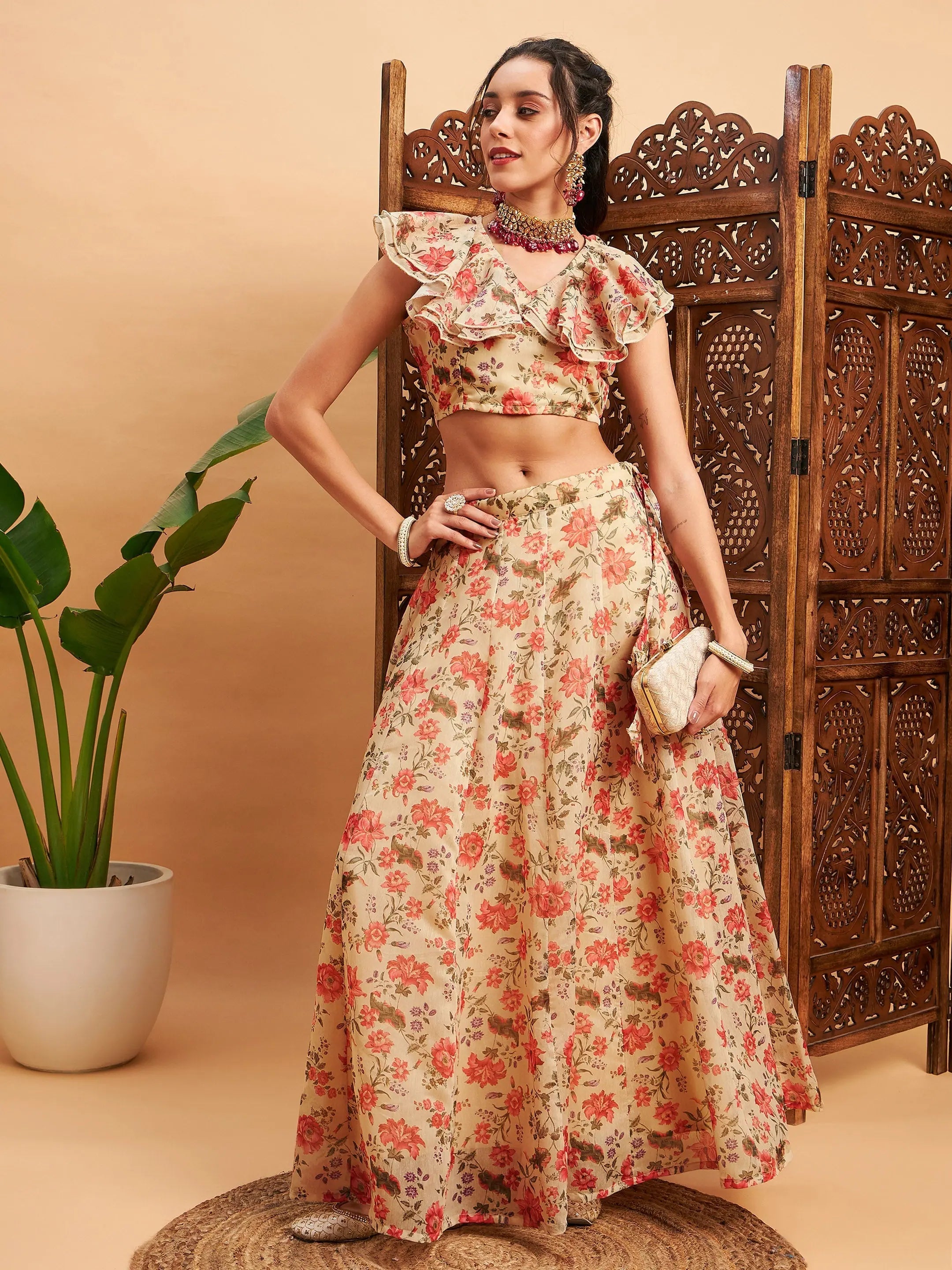 Beige Floral Lehenga - Women's Anarkali Skirt & Frill Crop Top