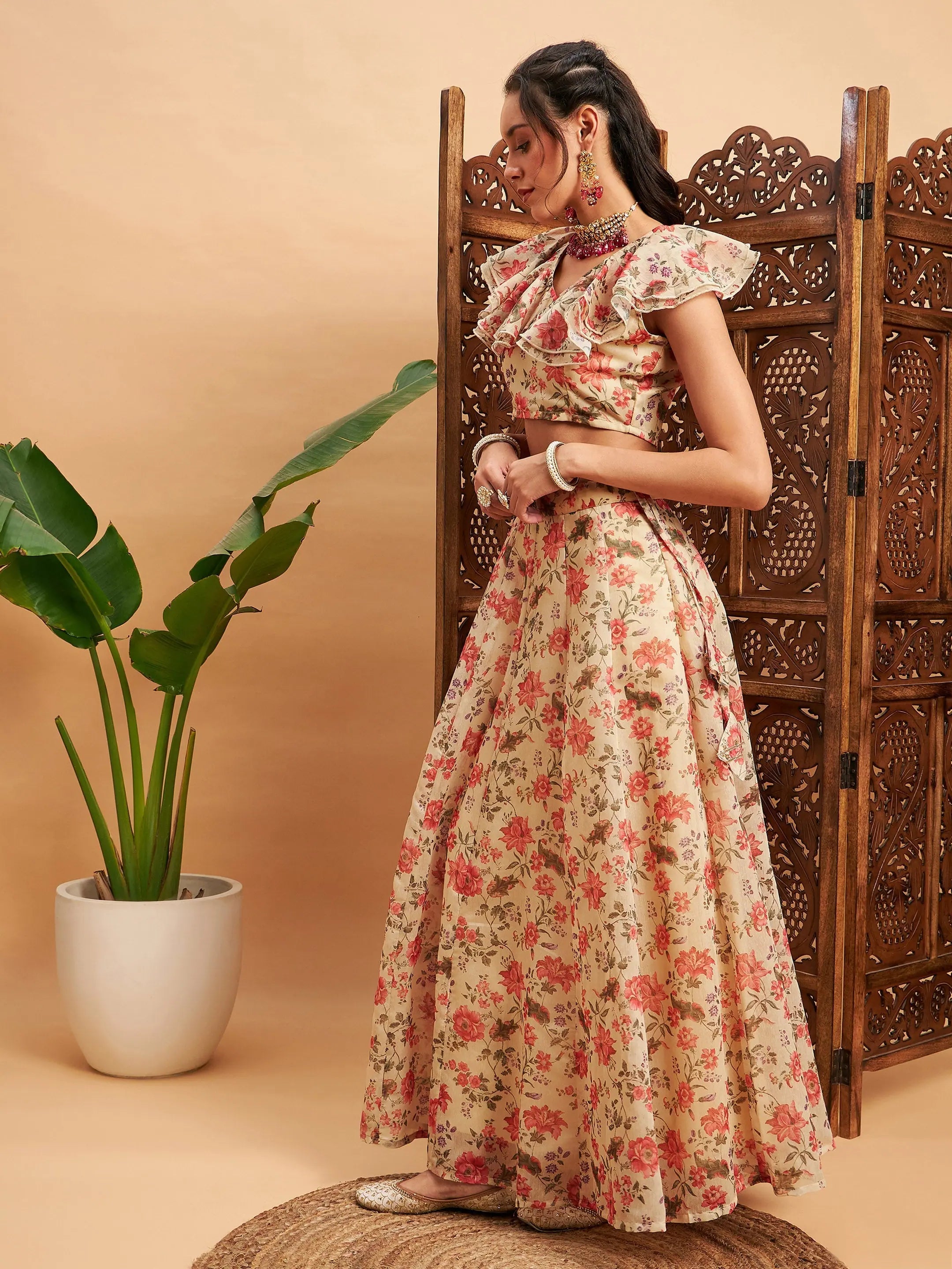 Beige Floral Lehenga - Women's Anarkali Skirt & Frill Crop Top