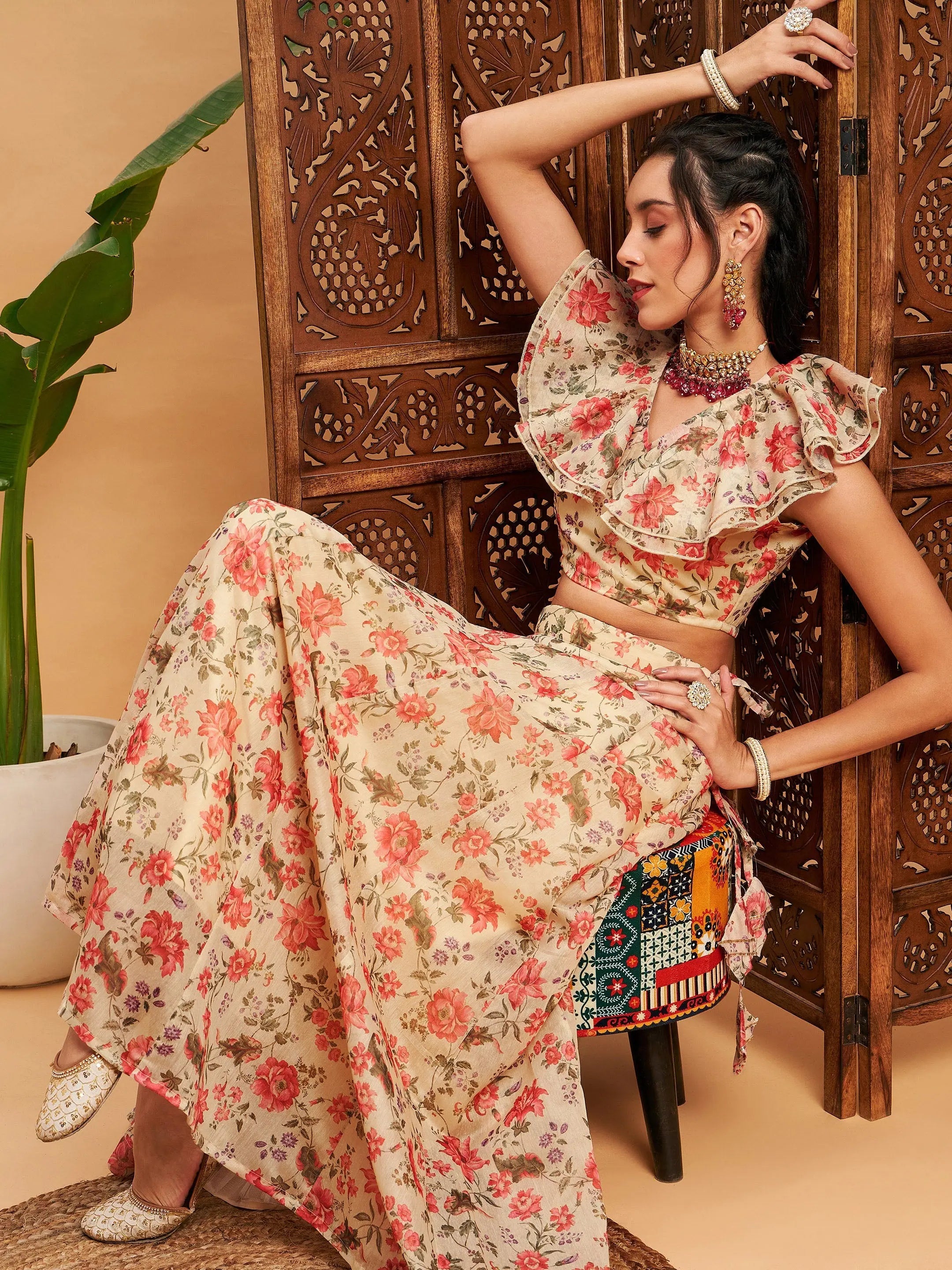 Beige Floral Lehenga - Women's Anarkali Skirt & Frill Crop Top