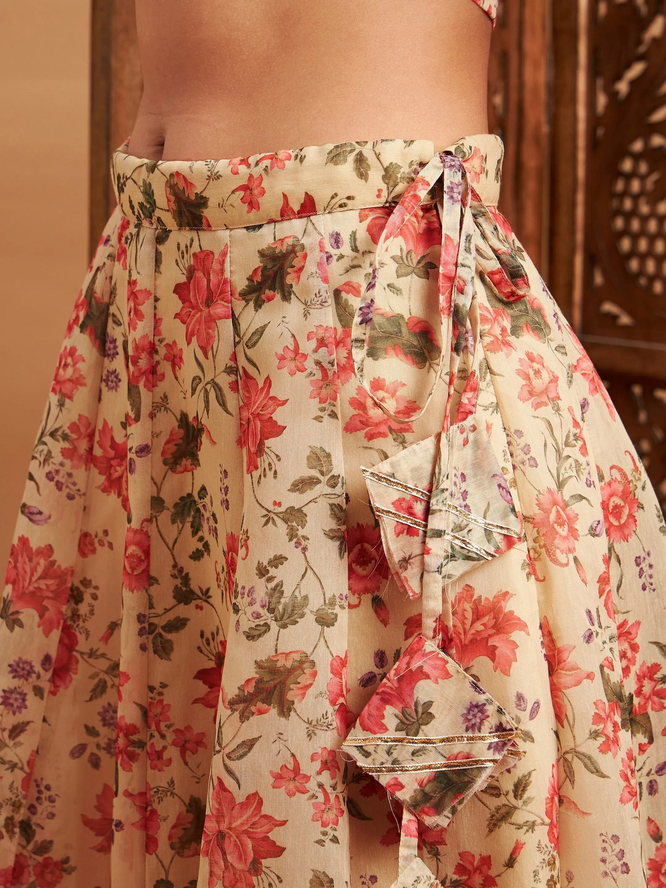 Beige Floral Lehenga - Women's Anarkali Skirt & Frill Crop Top