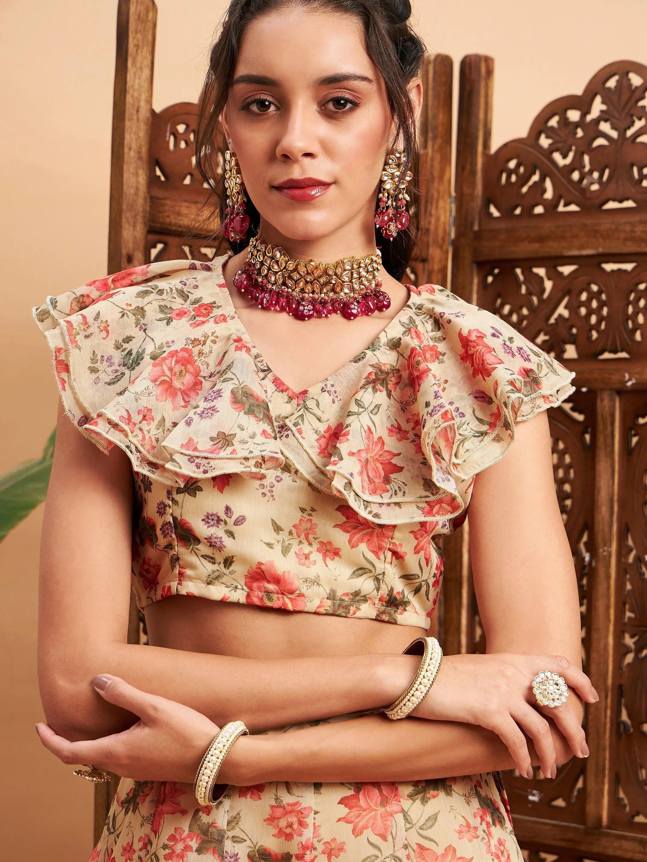 Beige Floral Lehenga - Women's Anarkali Skirt & Frill Crop Top