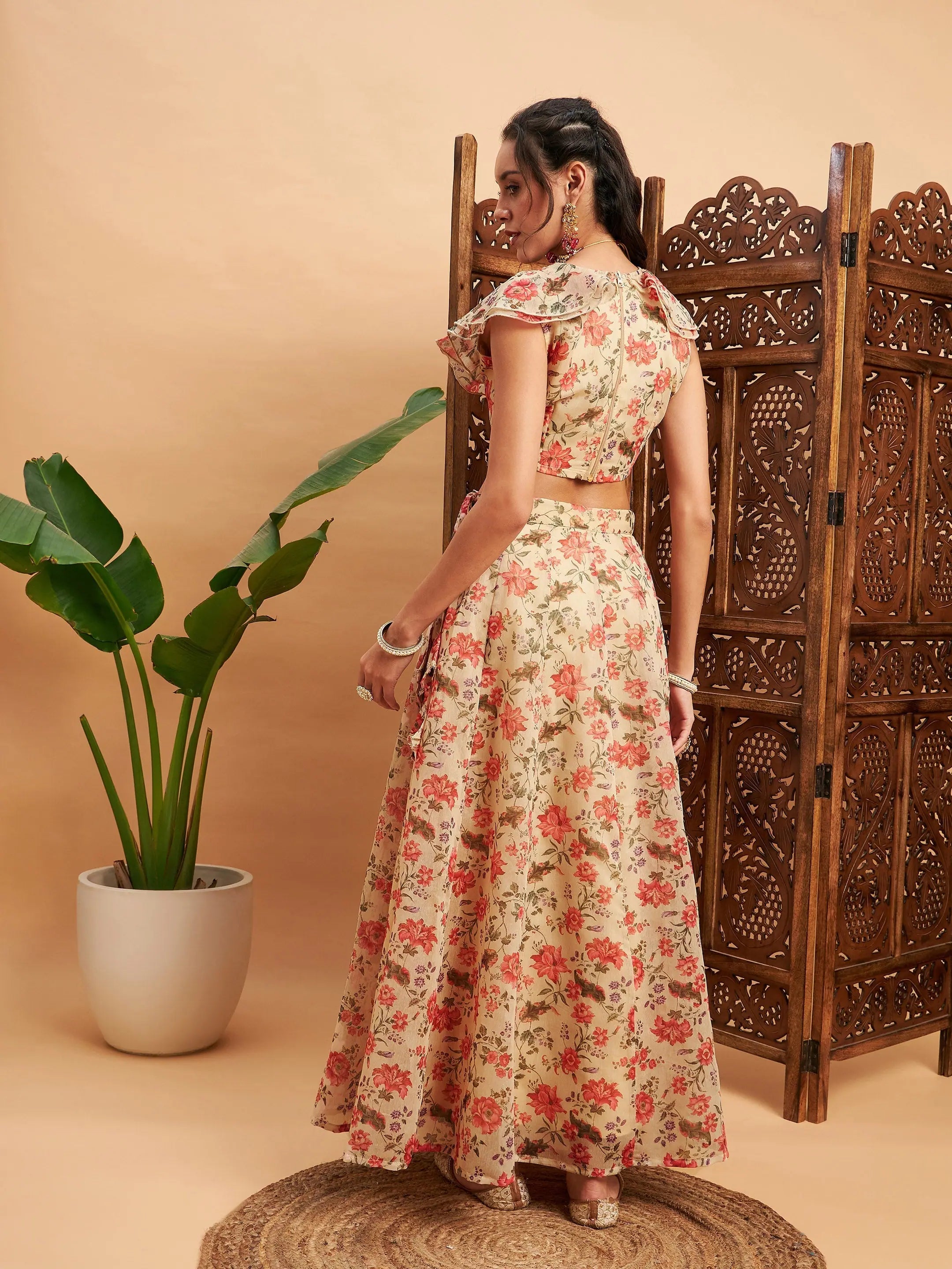 Beige Floral Lehenga - Women's Anarkali Skirt & Frill Crop Top