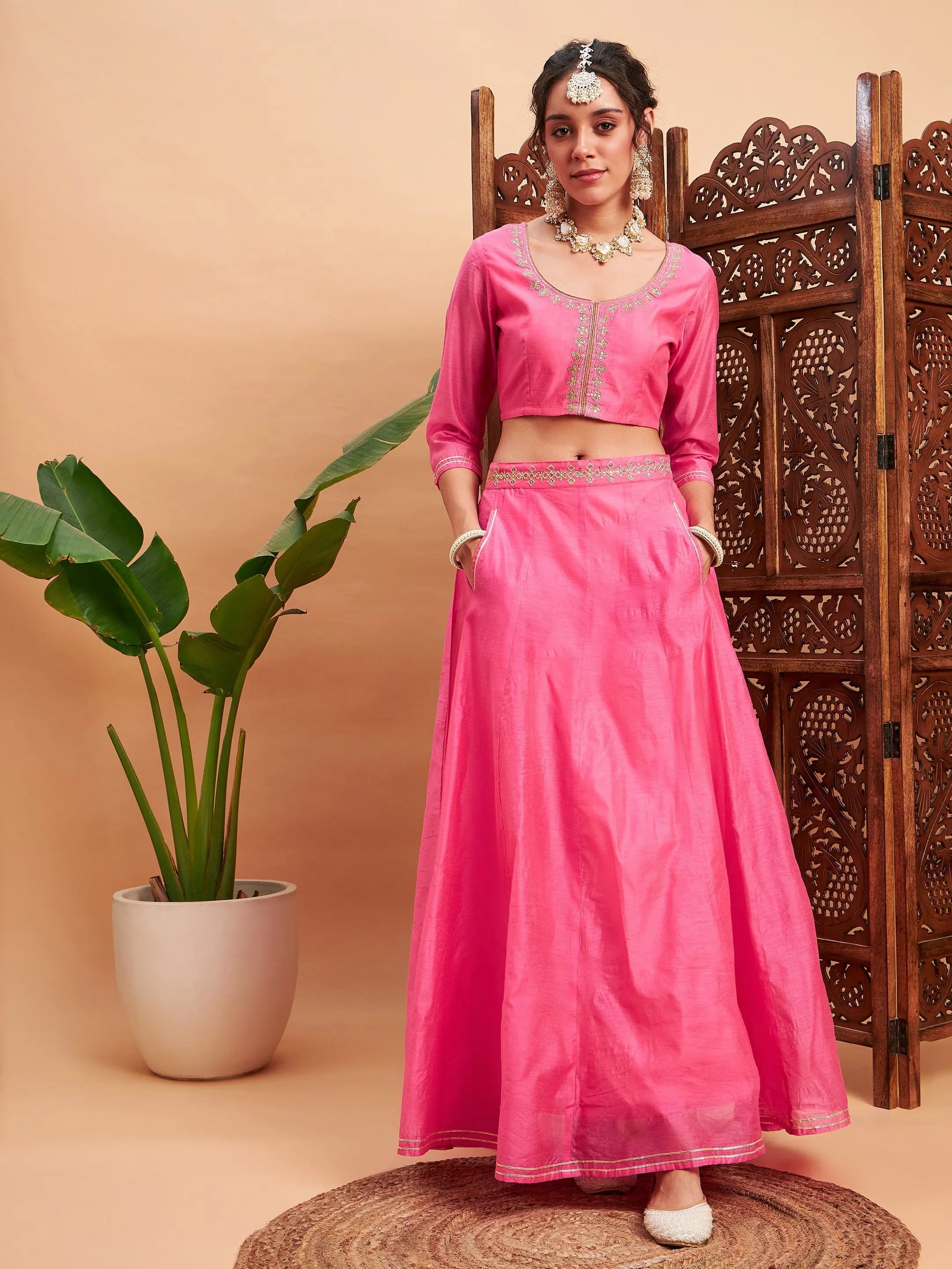 Pink Embroidered Lehenga Choli - Designer Anarkali Skirt & Top