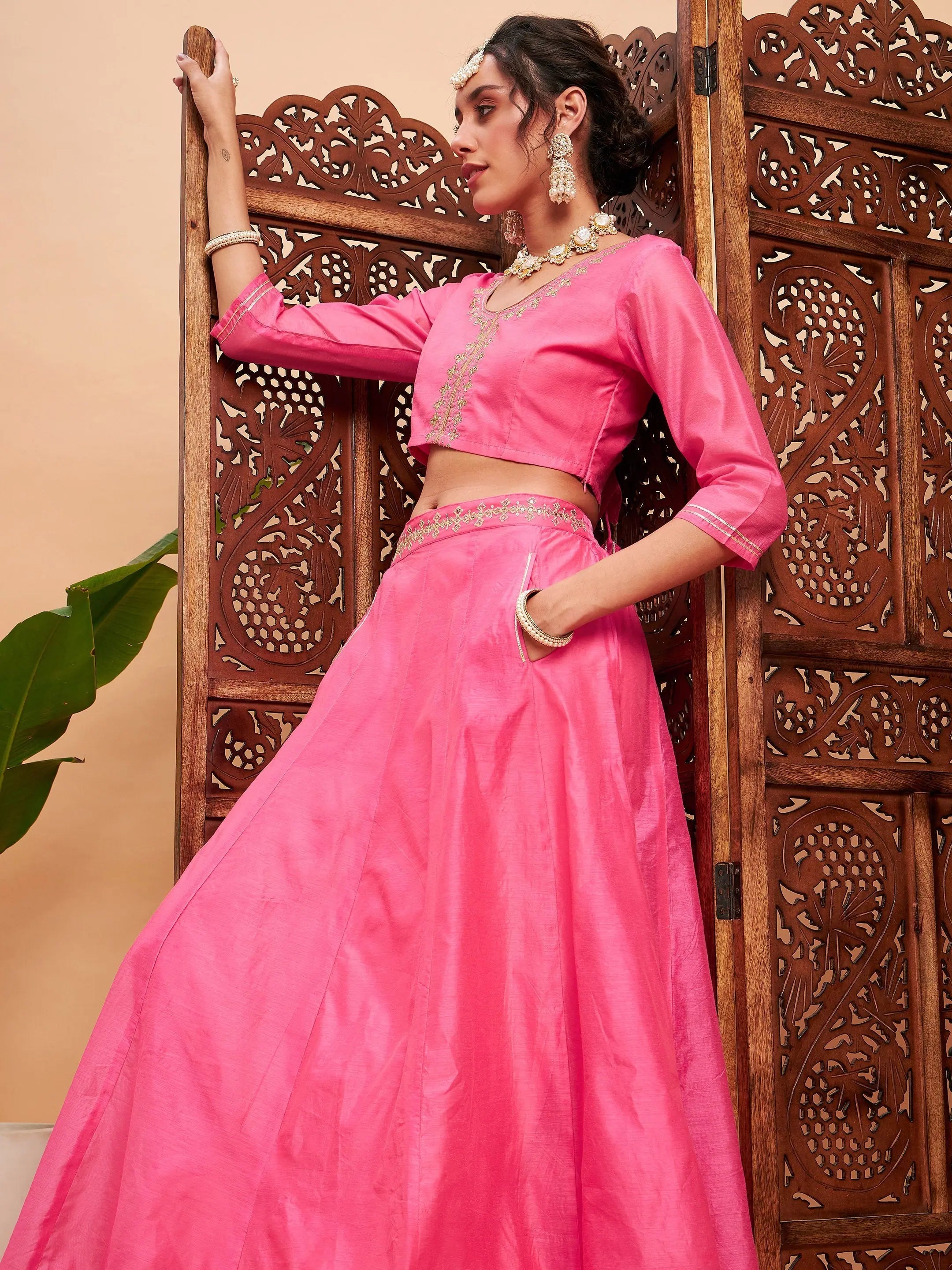Pink Embroidered Lehenga Choli - Designer Anarkali Skirt & Top