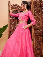 Women Pink Embroidered Anarkali Skirt With Crop Top
