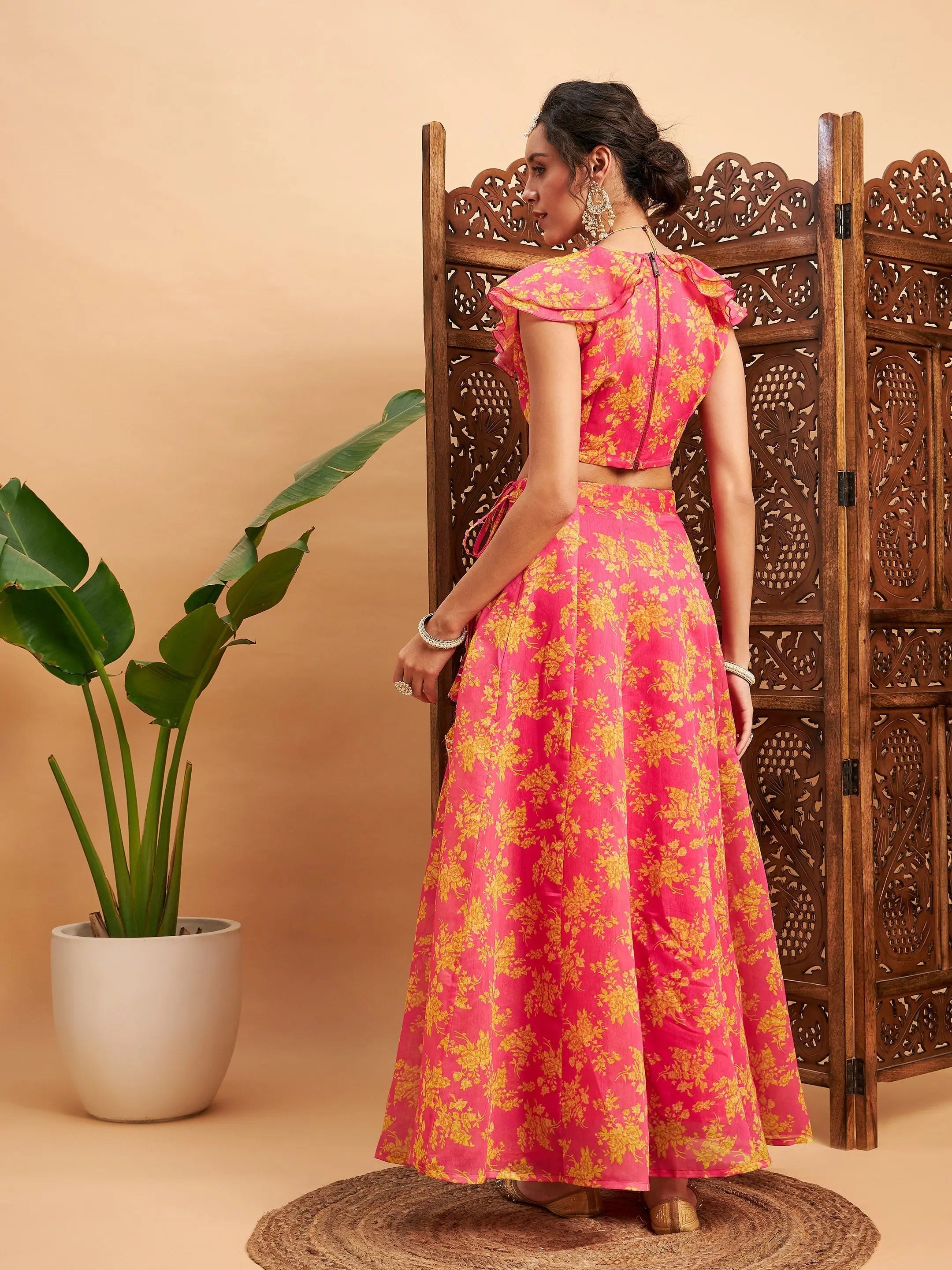 Fuchsia Floral Lehenga Choli - Women's Anarkali Skirt & Crop Top