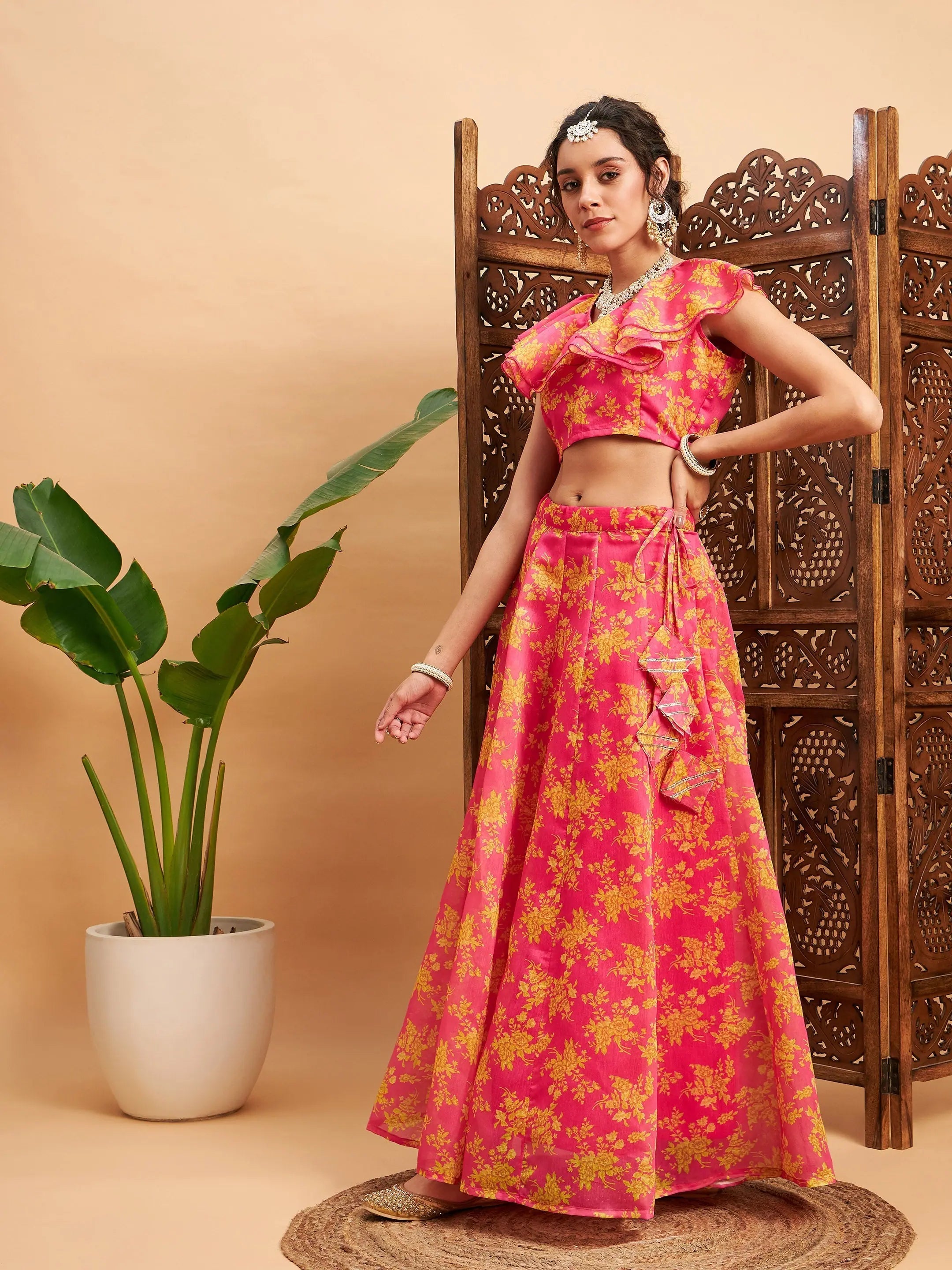 Fuchsia Floral Lehenga Choli - Women's Anarkali Skirt & Crop Top