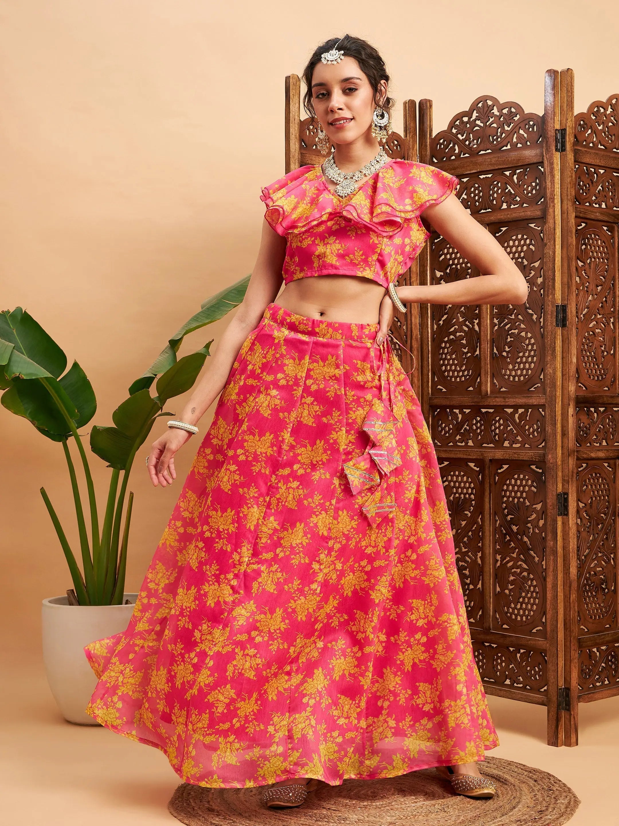 Fuchsia Floral Lehenga Choli - Women's Anarkali Skirt & Crop Top