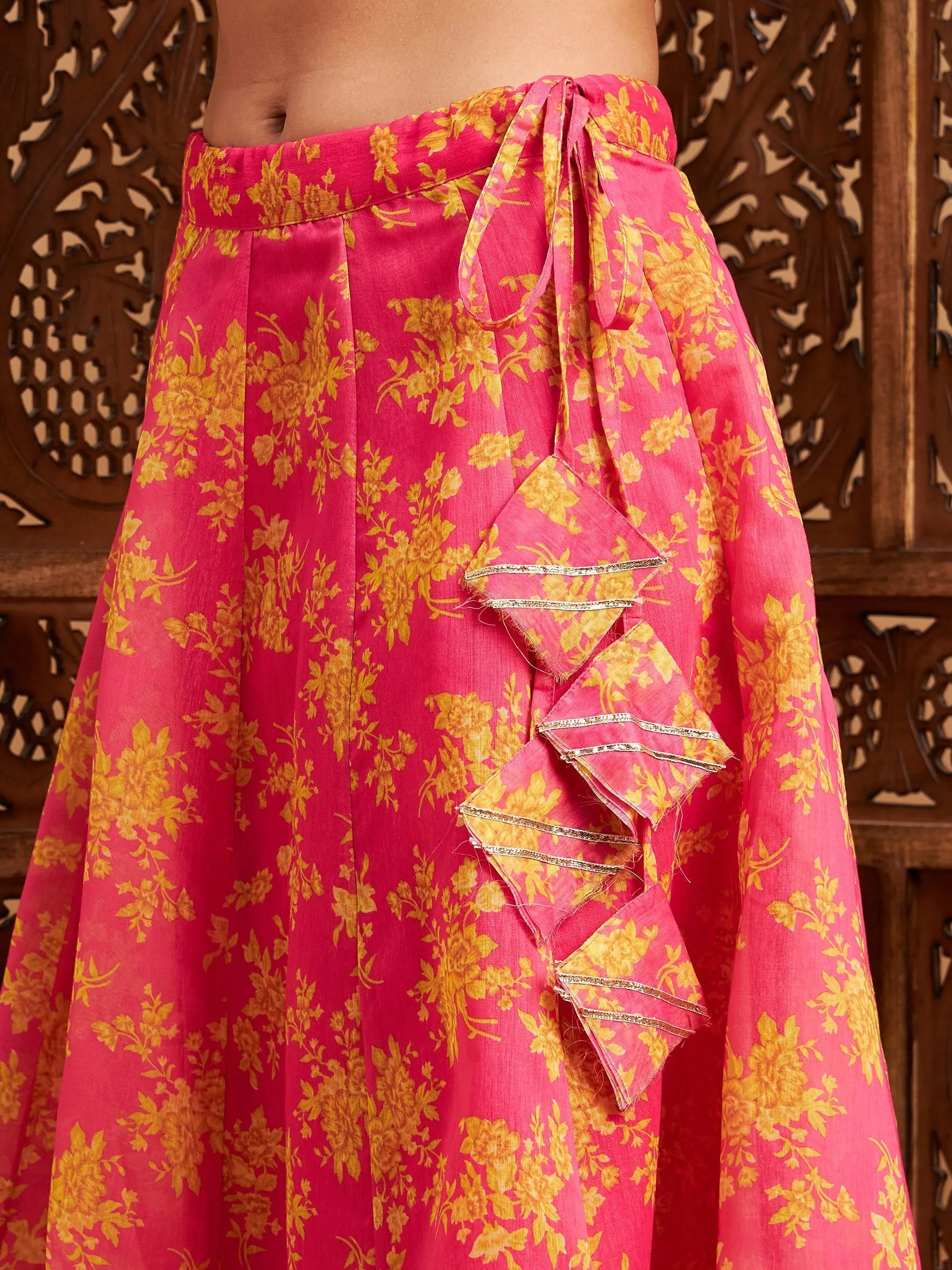 Fuchsia Floral Lehenga Choli - Women's Anarkali Skirt & Crop Top