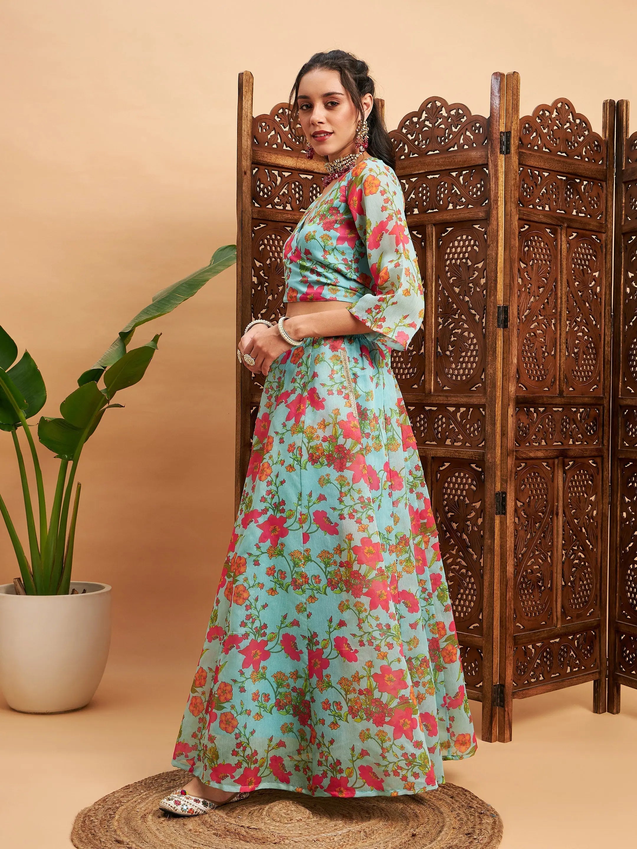 Blue Floral Lehenga Choli Set | Designer Traditional Indian Le...