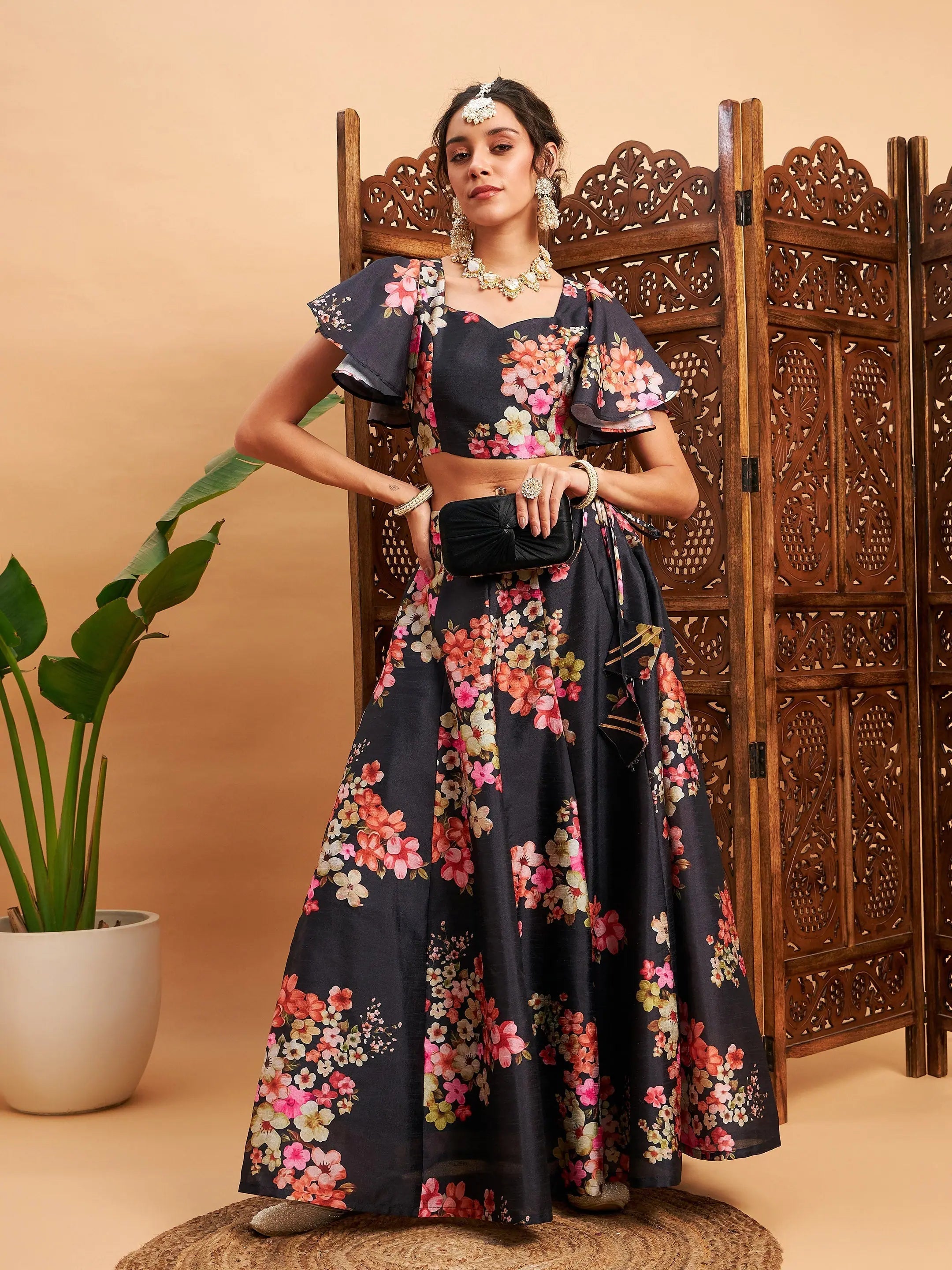 Black Floral Lehenga Choli Set | Women's Party Wear Lehenga