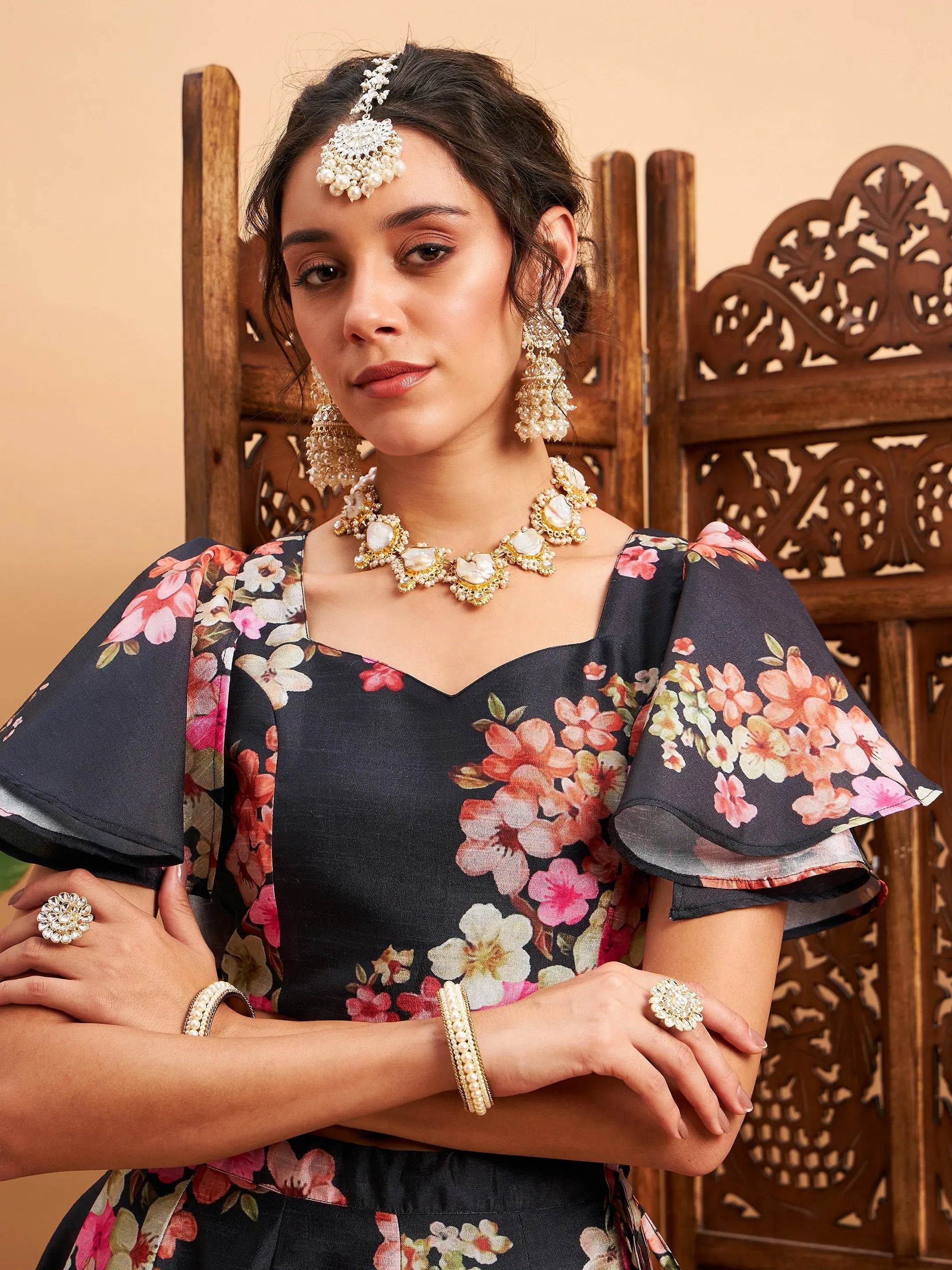 Black Floral Lehenga Choli Set | Women's Party Wear Lehenga