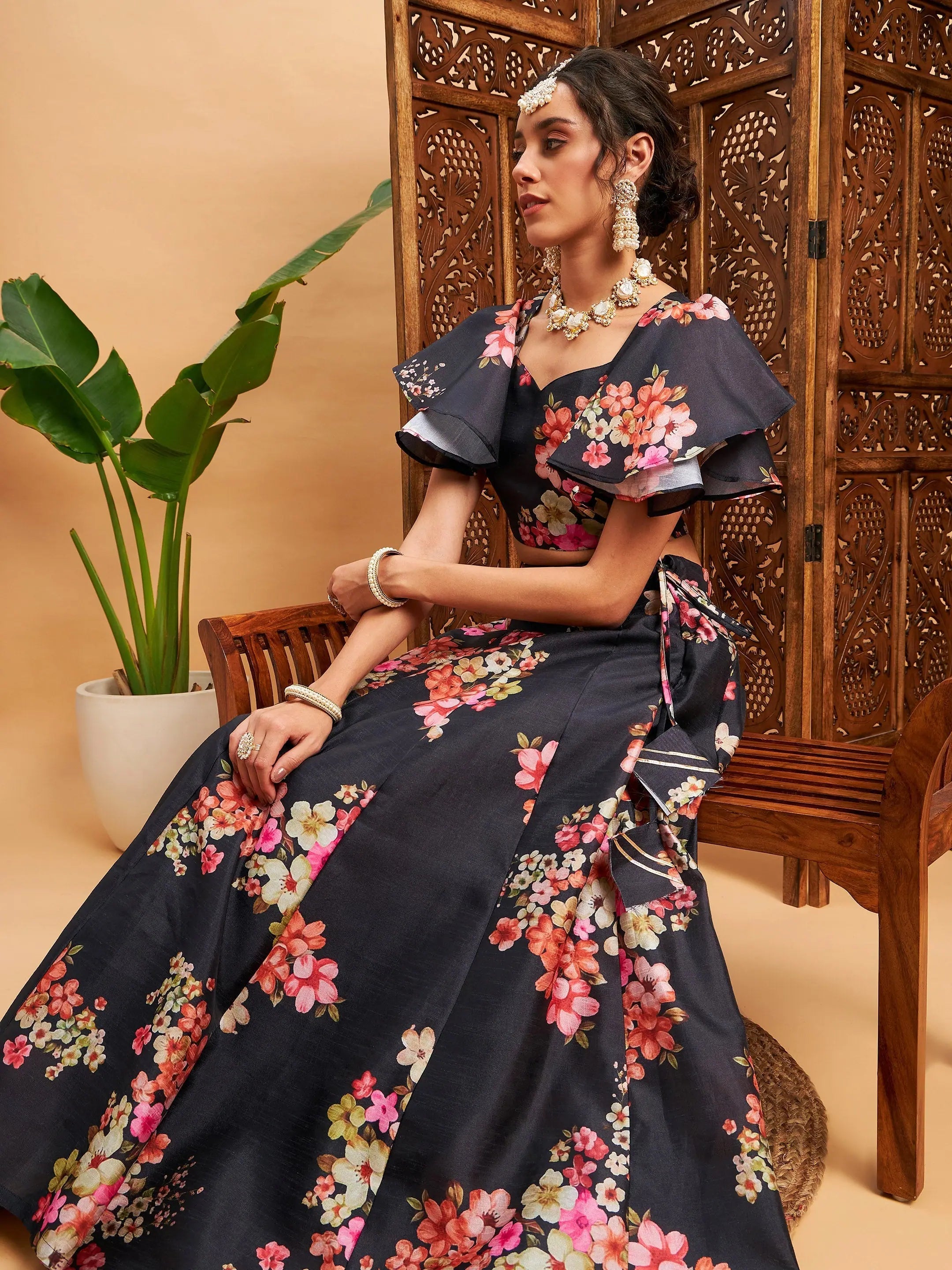 Black Floral Lehenga Choli Set | Women's Party Wear Lehenga