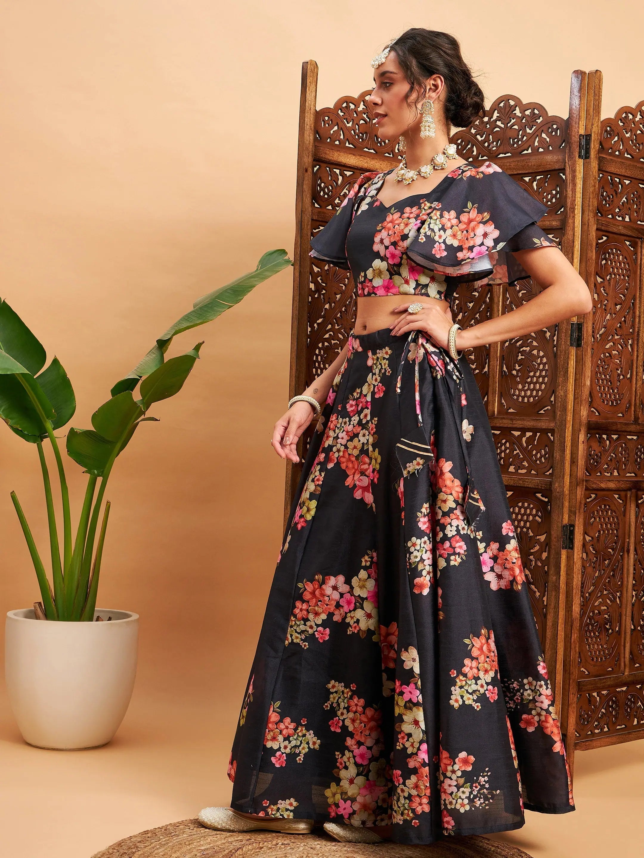 Black Floral Lehenga Choli Set | Women's Party Wear Lehenga