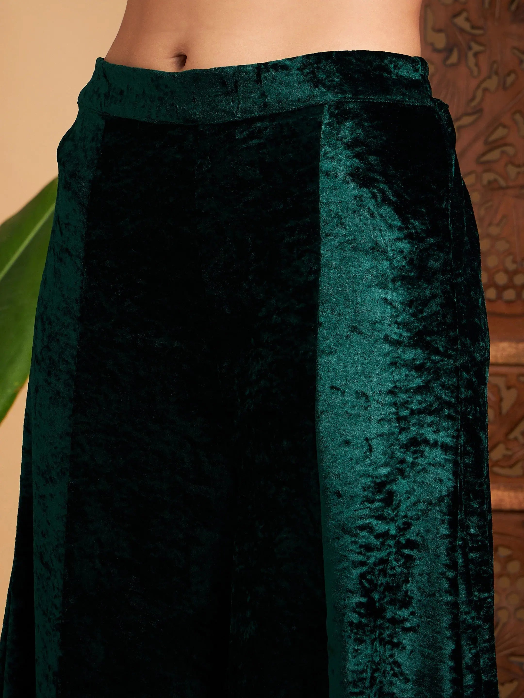 Emerald Velvet Kurta and Palazzo Set - Women's Embroidered