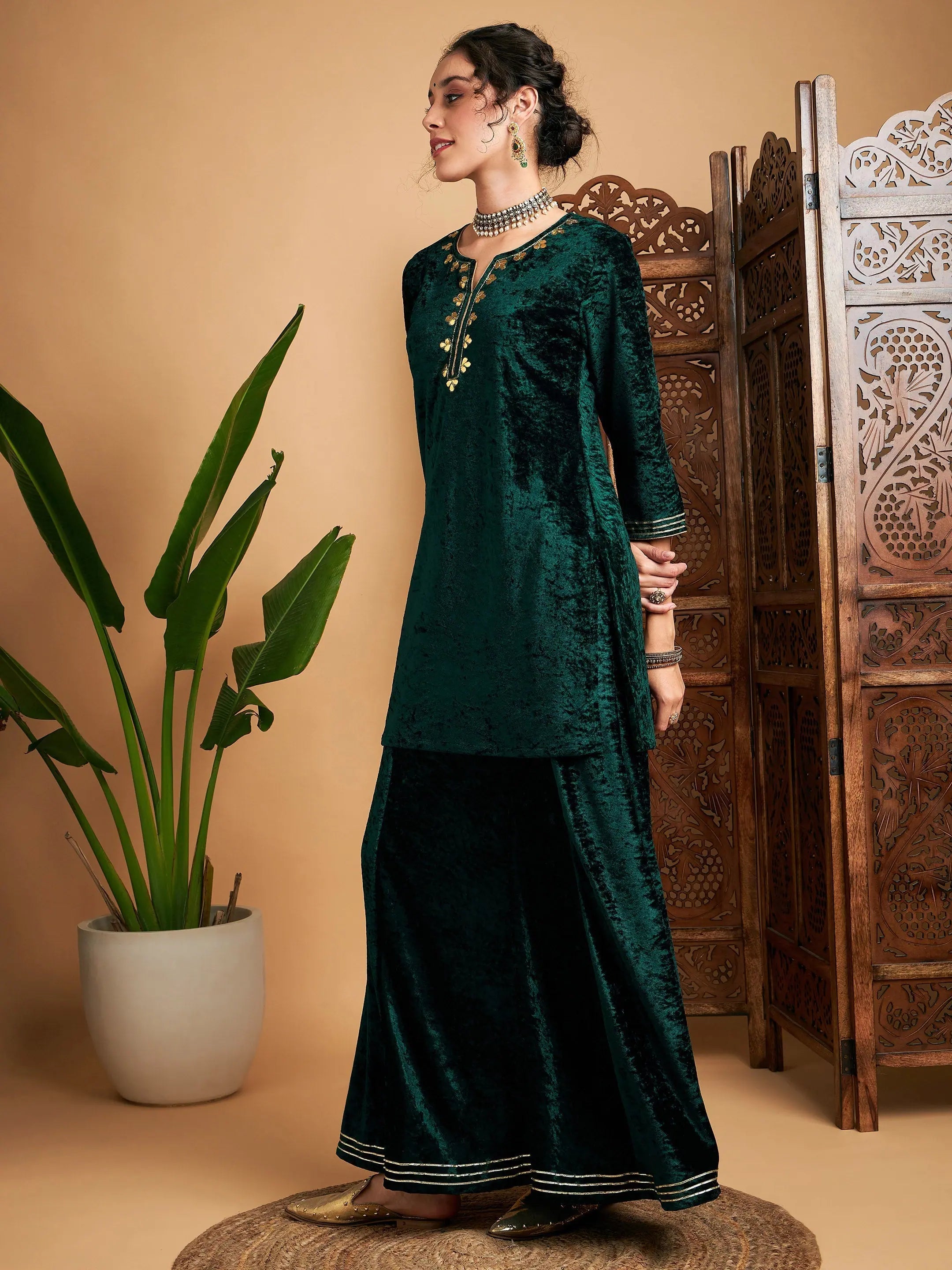 Emerald Velvet Kurta and Palazzo Set - Women's Embroidered