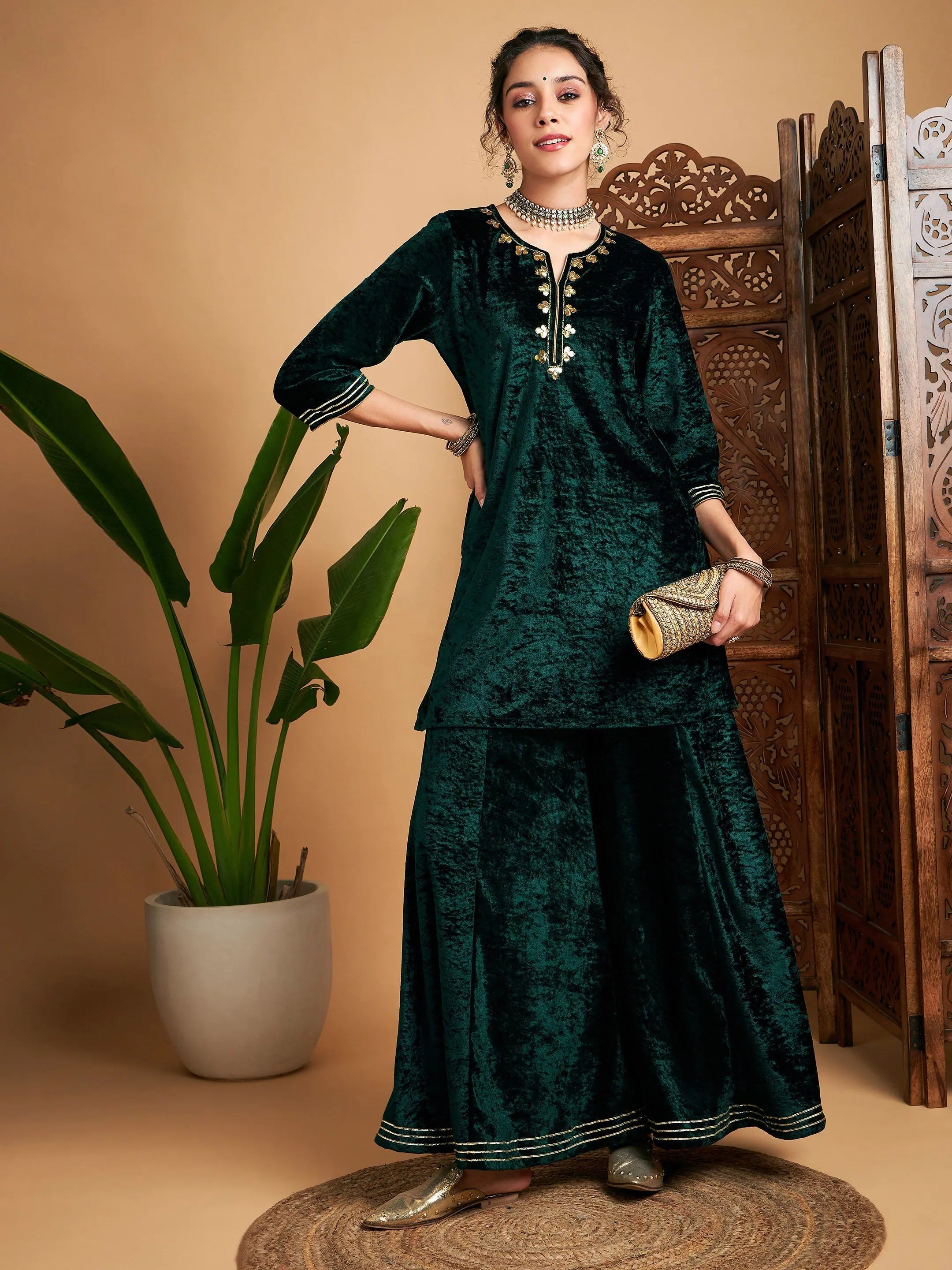 Emerald Velvet Kurta and Palazzo Set - Women's Embroidered