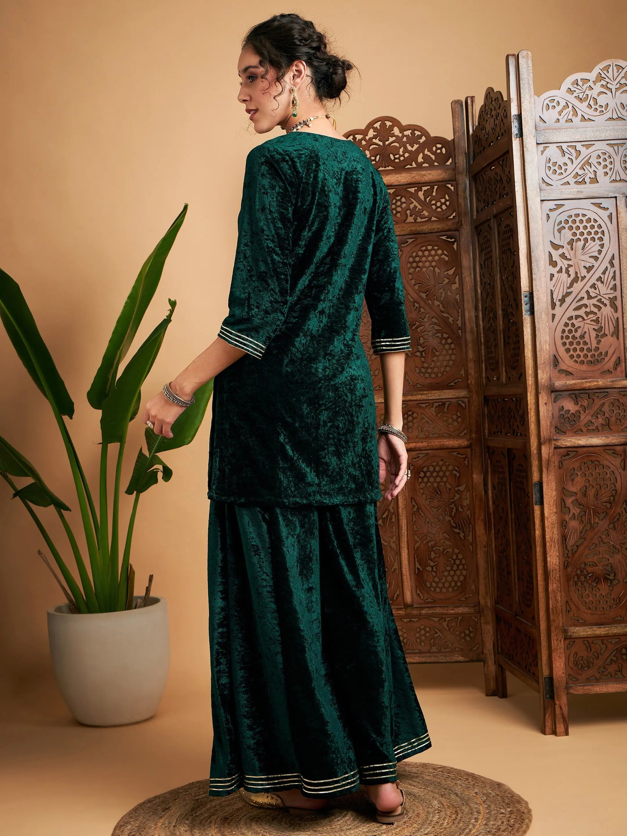 Emerald Velvet Kurta and Palazzo Set - Women's Embroidered