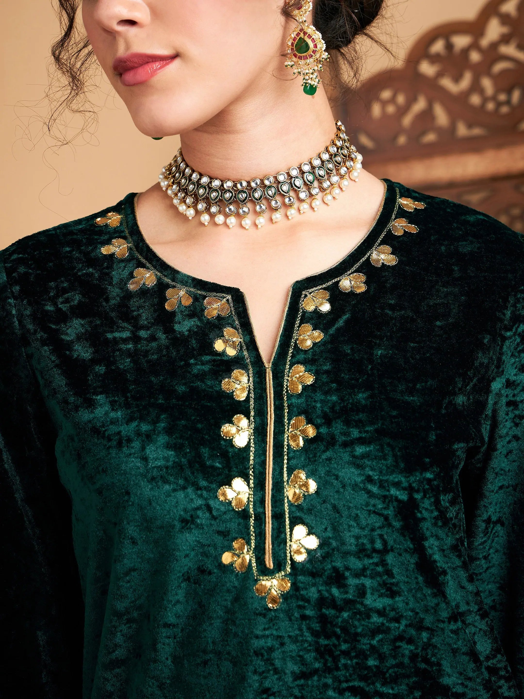 Emerald Velvet Kurta and Palazzo Set - Women's Embroidered