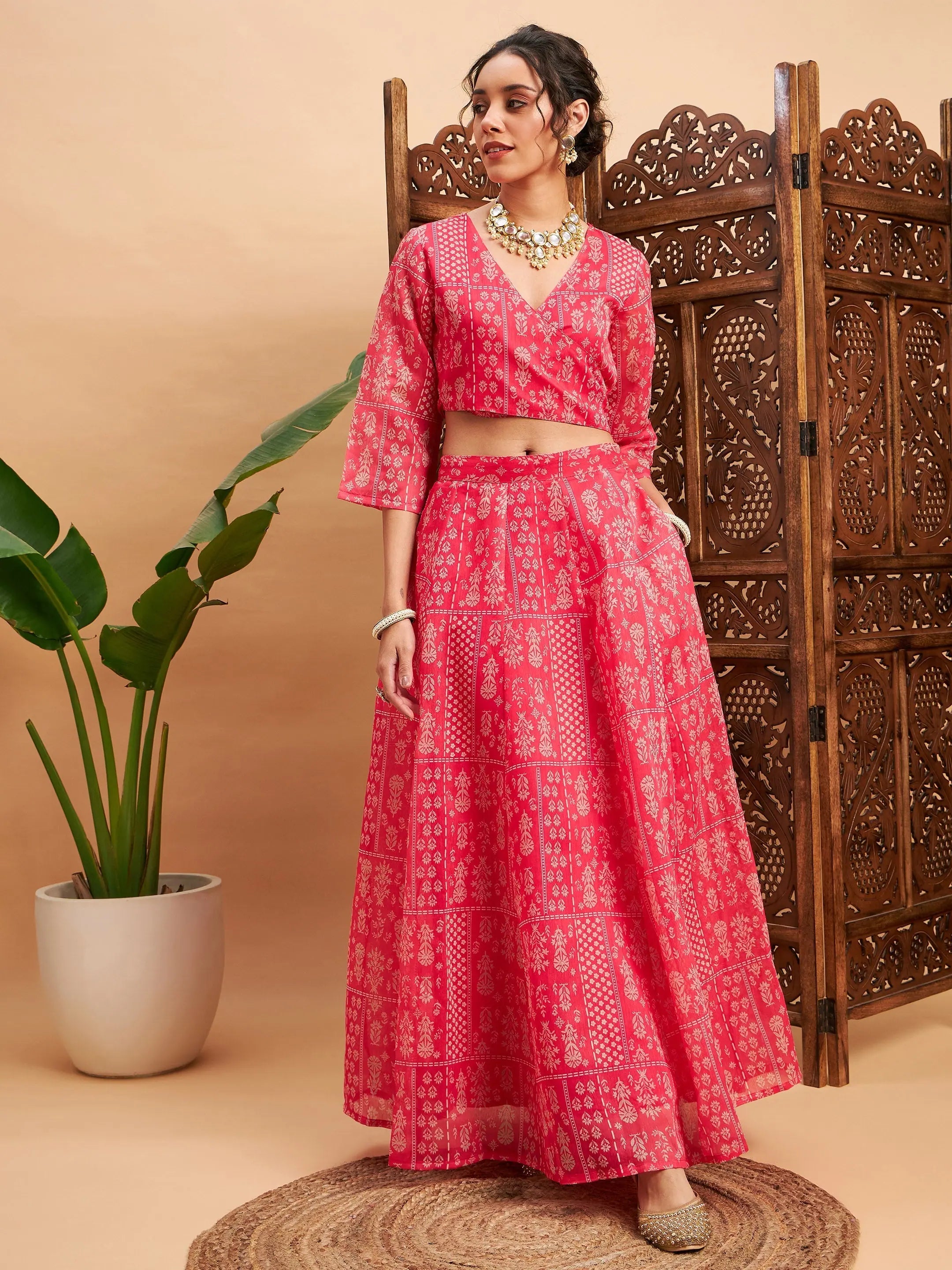 Pink Floral Lehenga for Women | Silk Anarkali Skirt & Crop Top