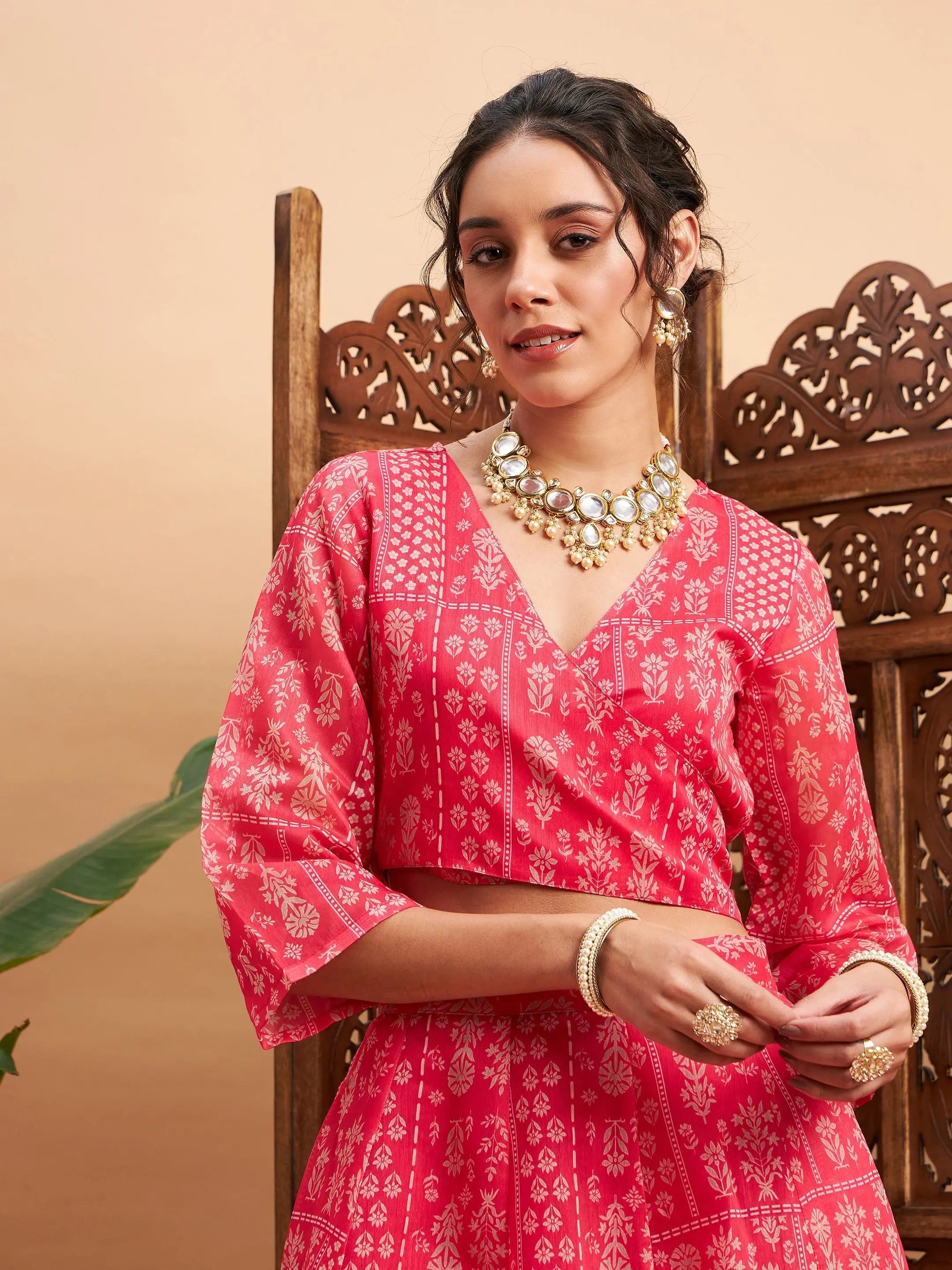 Pink Floral Lehenga for Women | Silk Anarkali Skirt & Crop Top