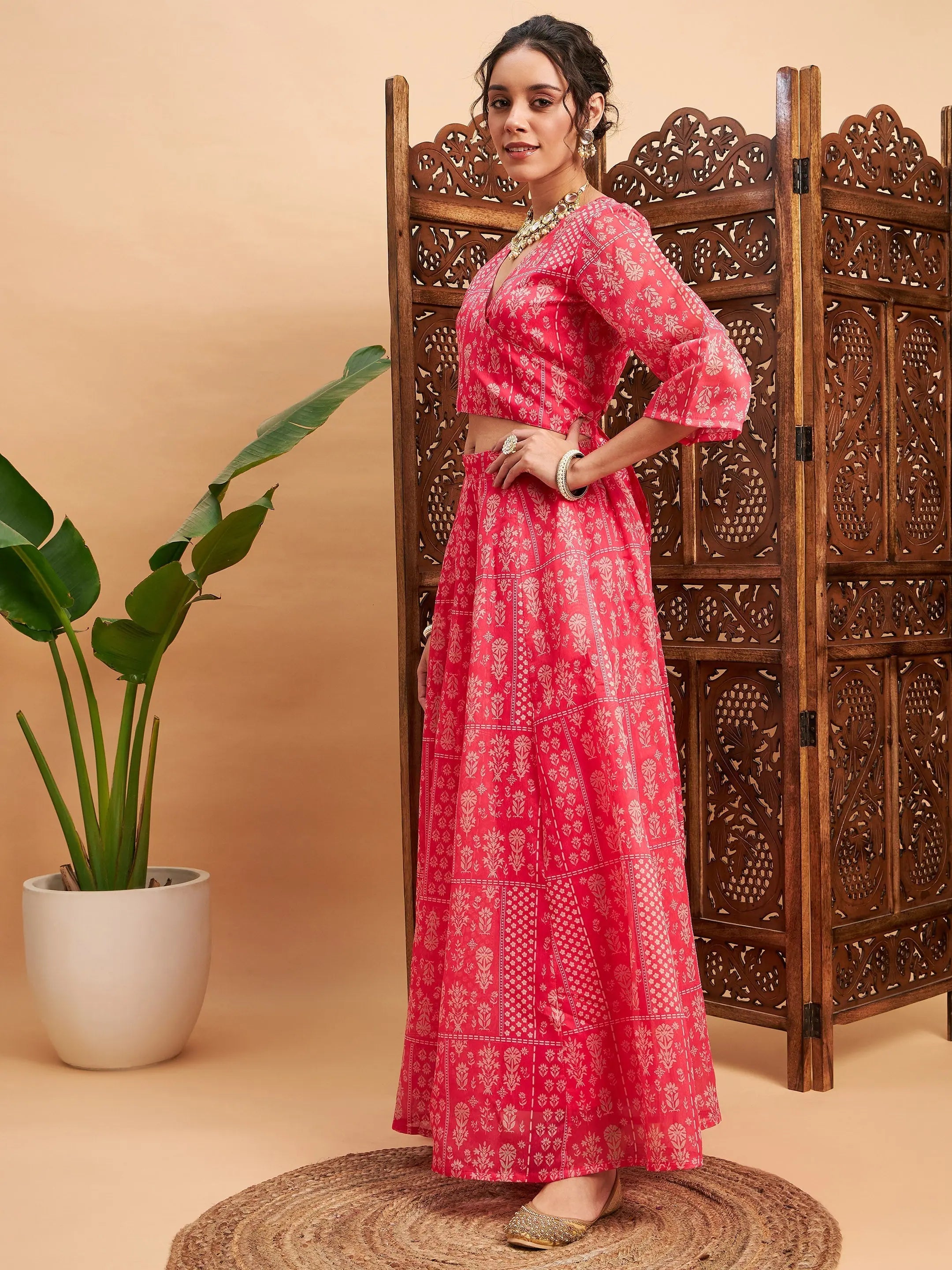 Pink Floral Lehenga for Women | Silk Anarkali Skirt & Crop Top