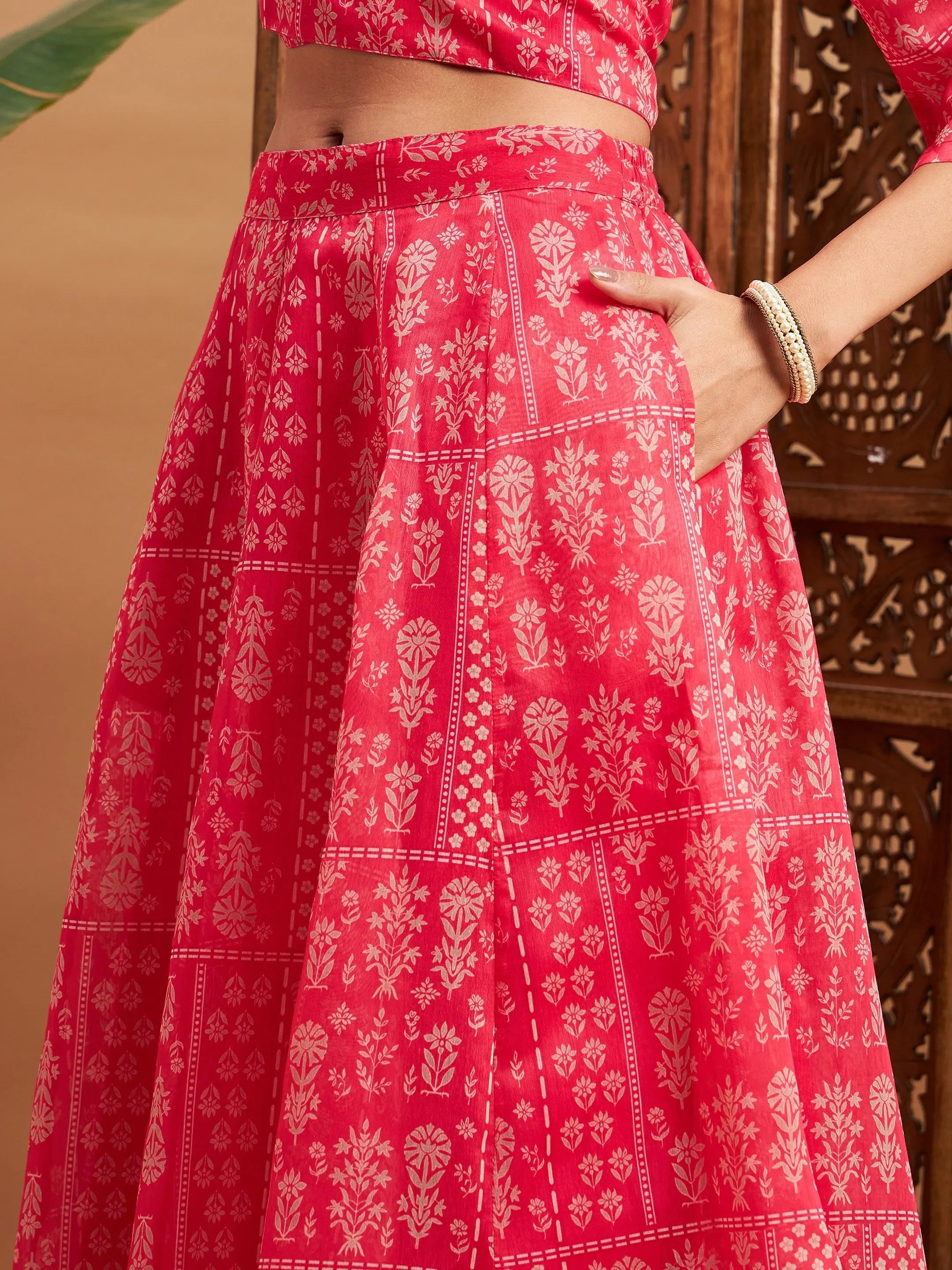 Pink Floral Lehenga for Women | Silk Anarkali Skirt & Crop Top