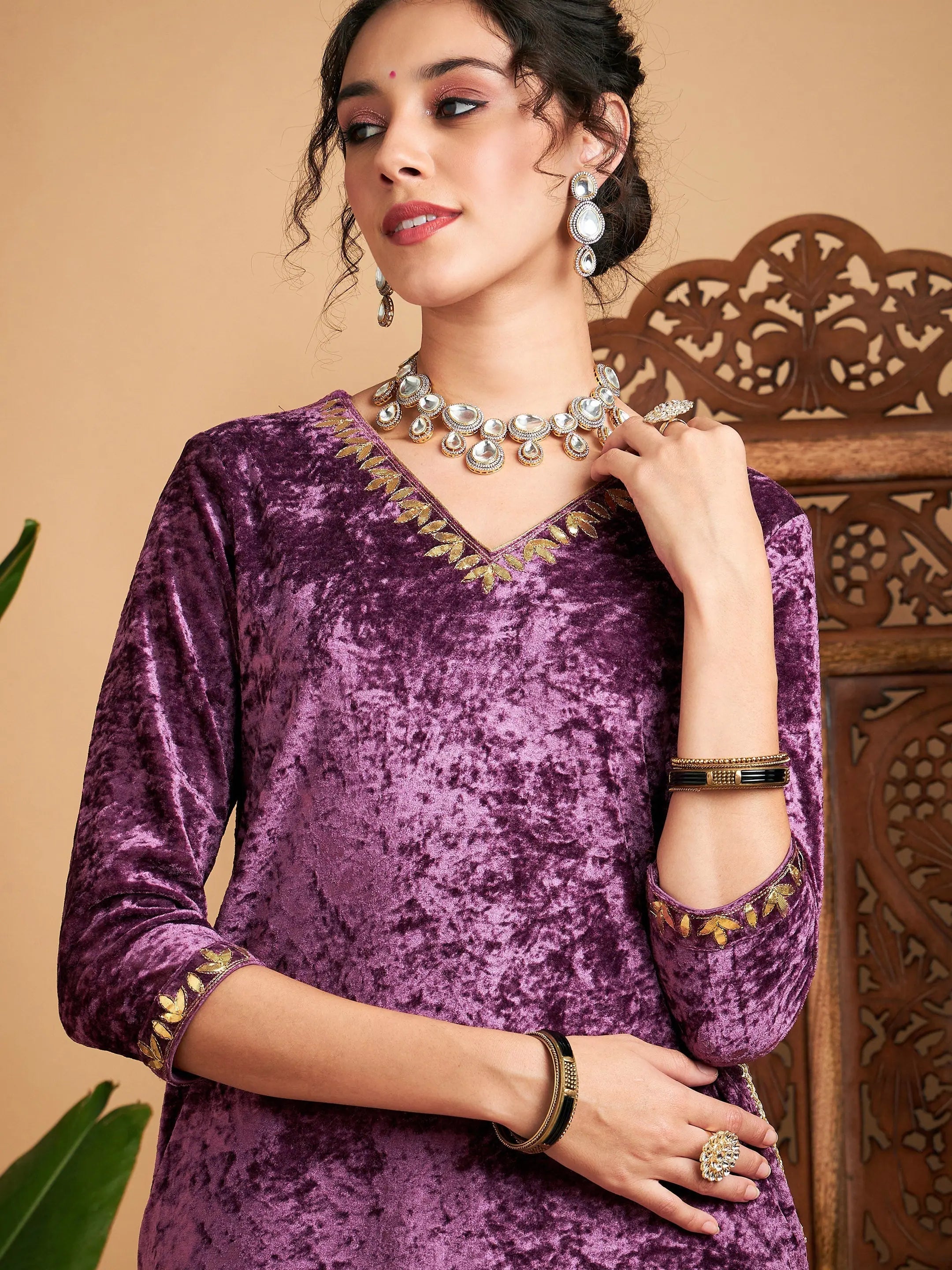 Mauve Velvet Gota Patti Women's Kurta Set | Indian Kurta Sets