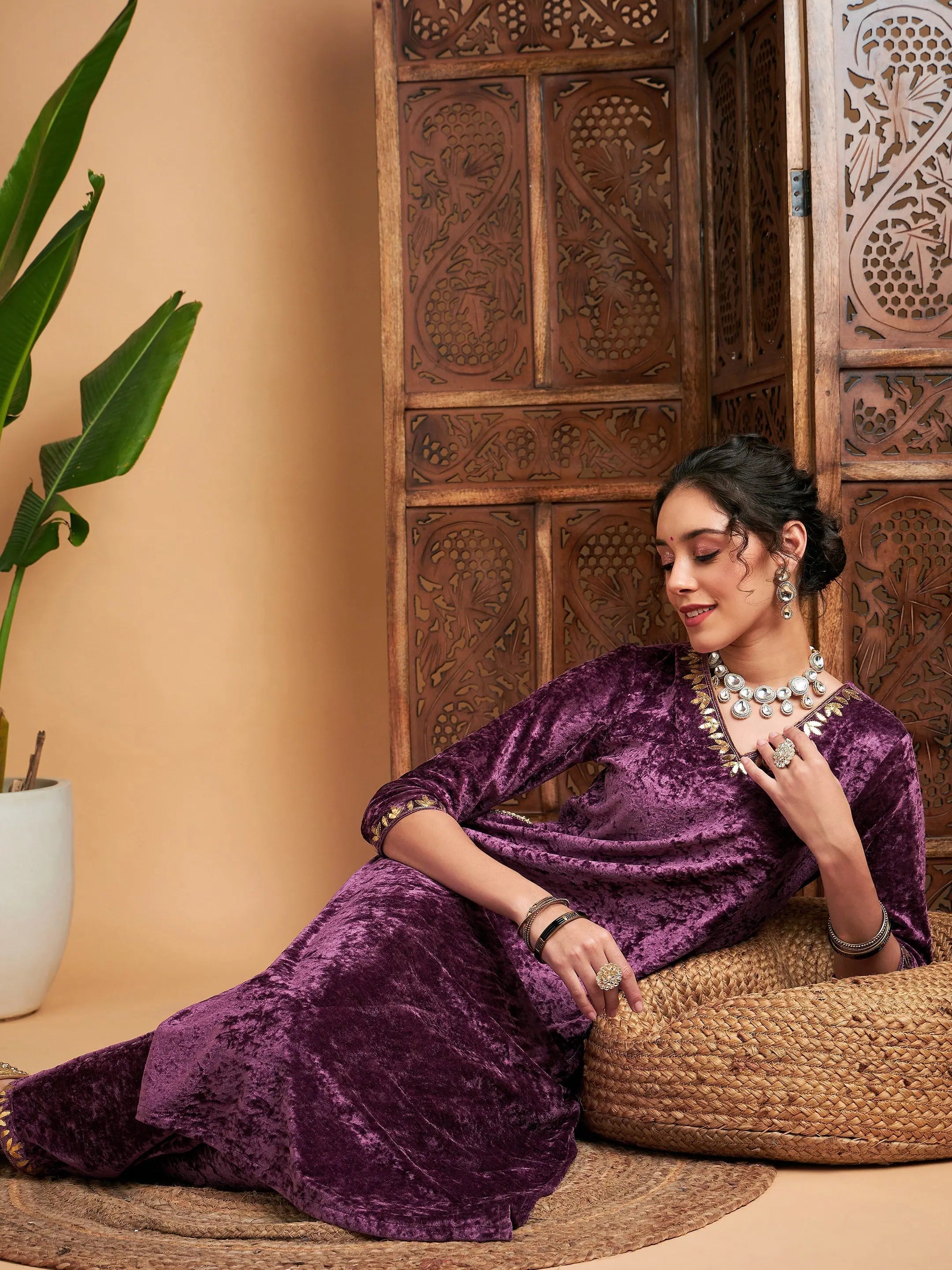 Mauve Velvet Gota Patti Women's Kurta Set | Indian Kurta Sets